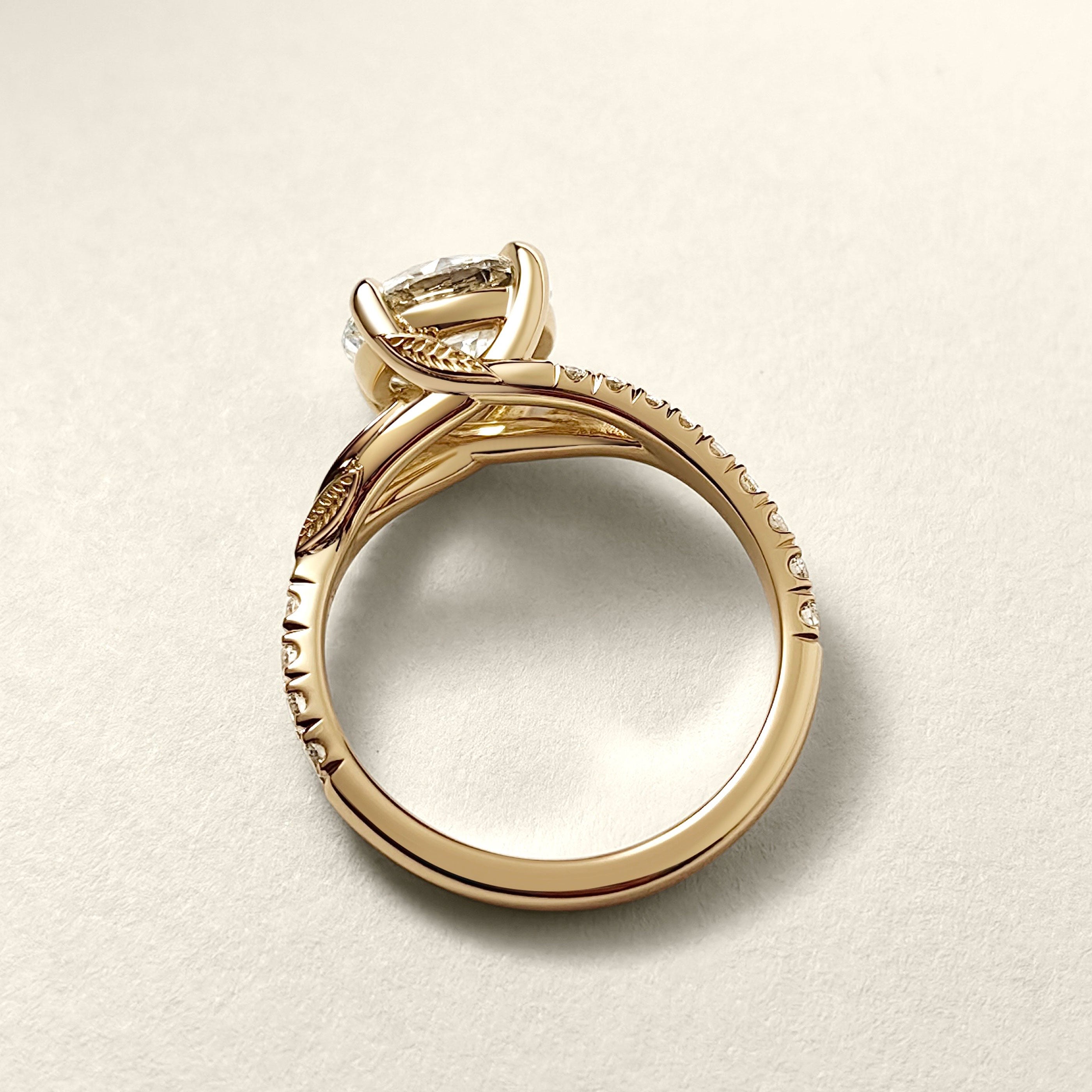 Evelina Round Cut Nature Inspired Leaf Prong Split Shank Engagement Ring,