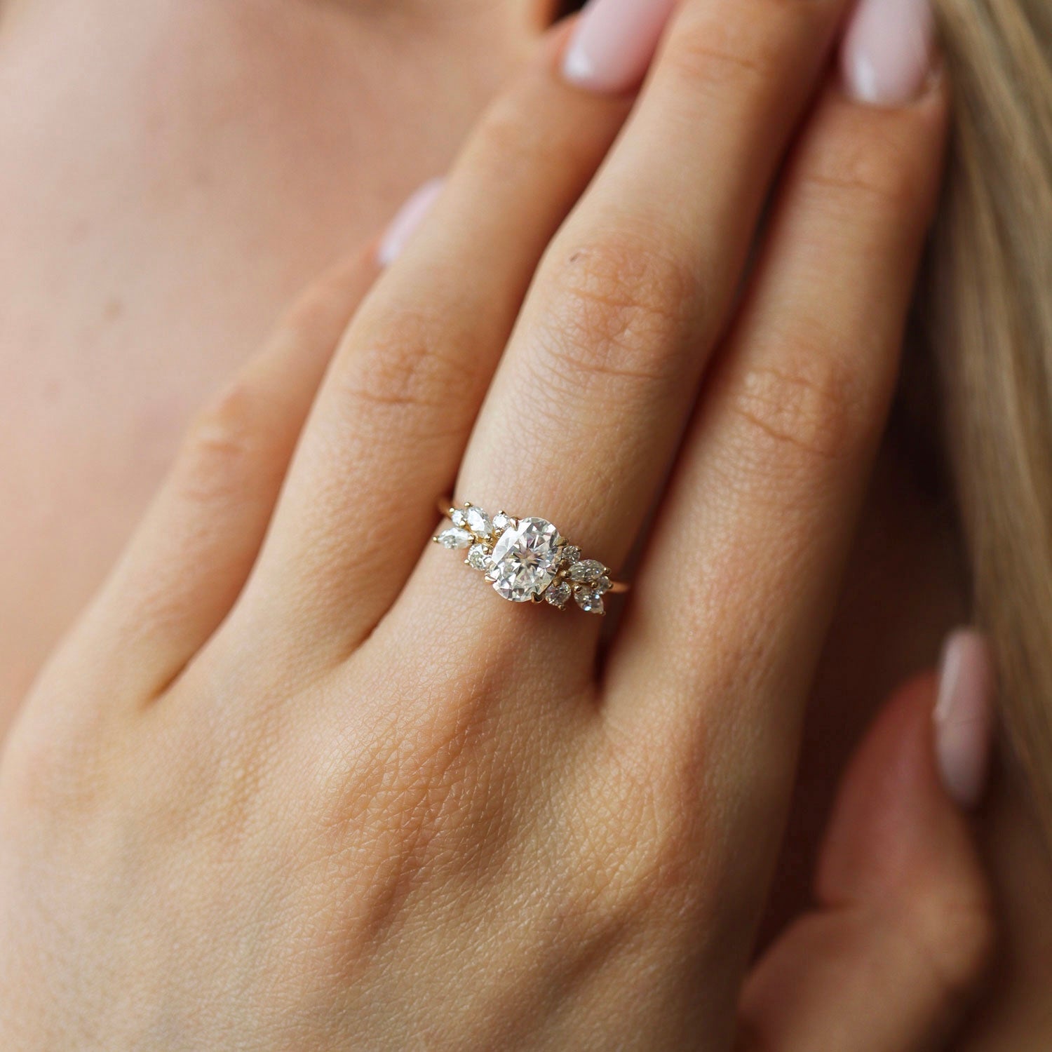 Anna's Dream Oval Brilliant Cut Cluster Engagement Ring, With Marquise Accent