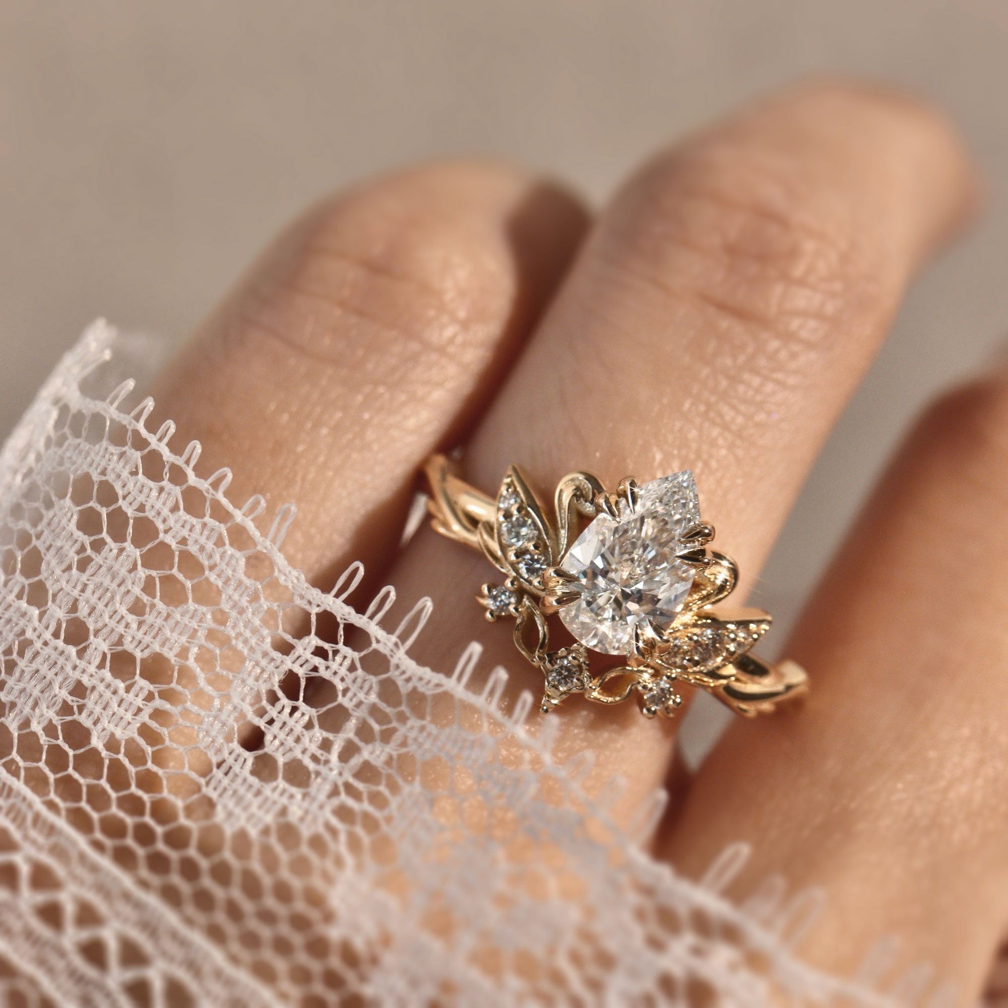 Pear Love Swan Nature Inspired Engagement Ring, Pear Cut With Celestial Star