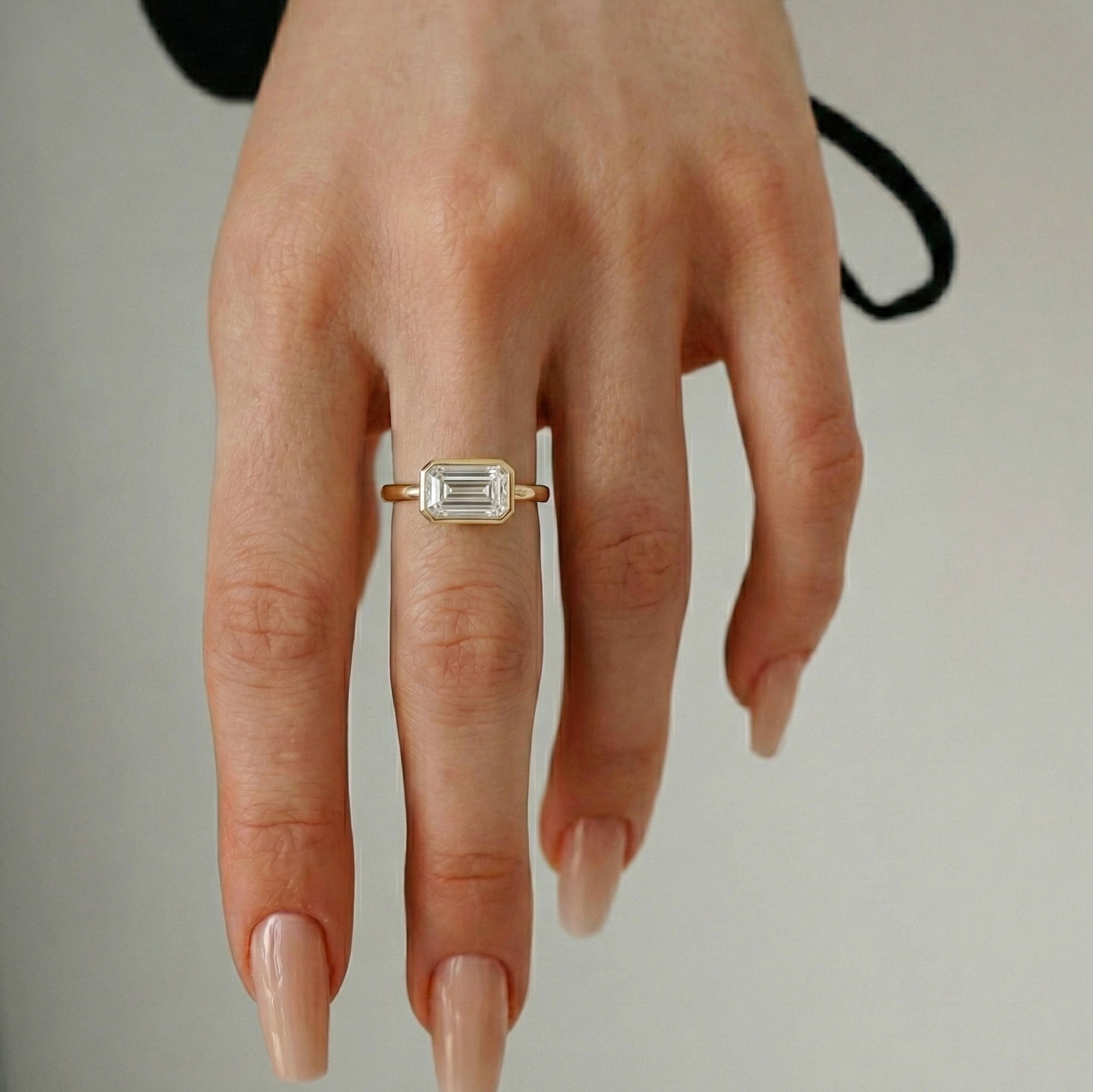 Carmen Emerald East-West Bezel Engagement Ring, Moissanite/Lab Diamond