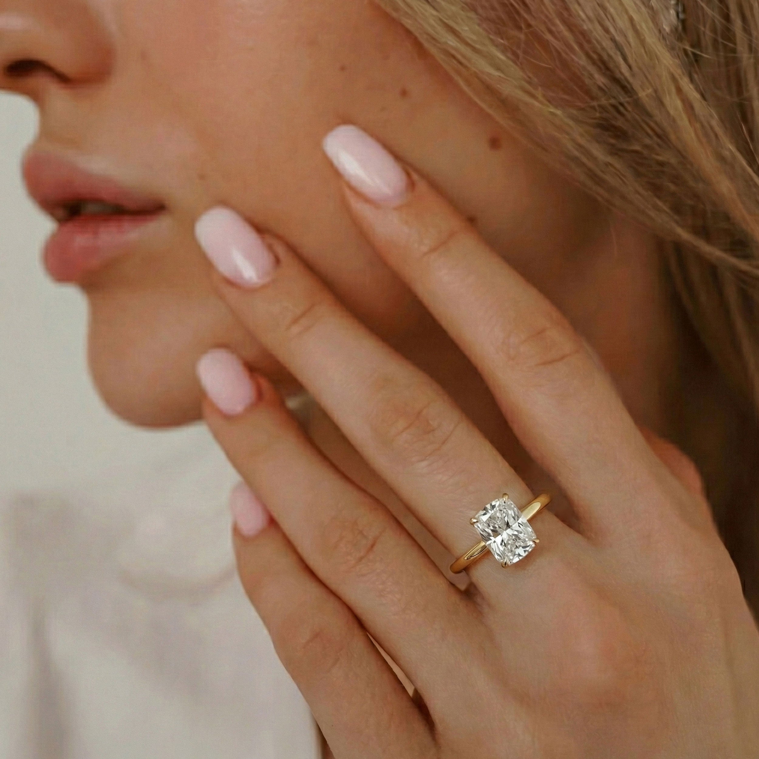 Purity Elongated Cushion Petal Solitaire Engagement Ring, Moissanite/Lab Grown Diamond