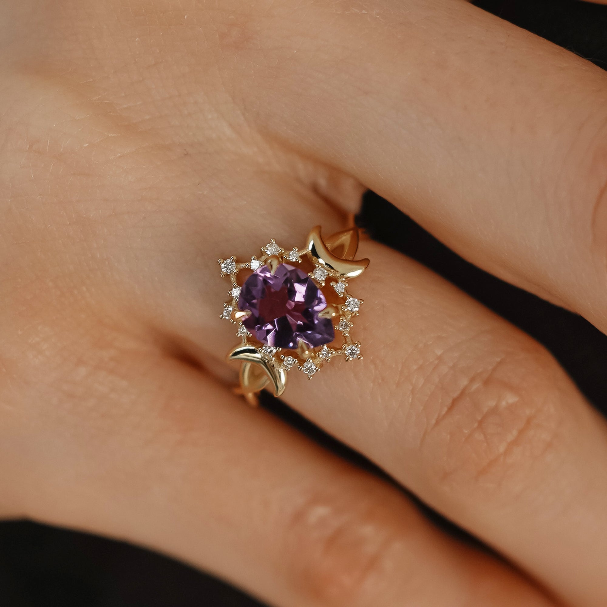 Alice Star & Moon Magic Engagement Ring, Pear Cut Amethyst