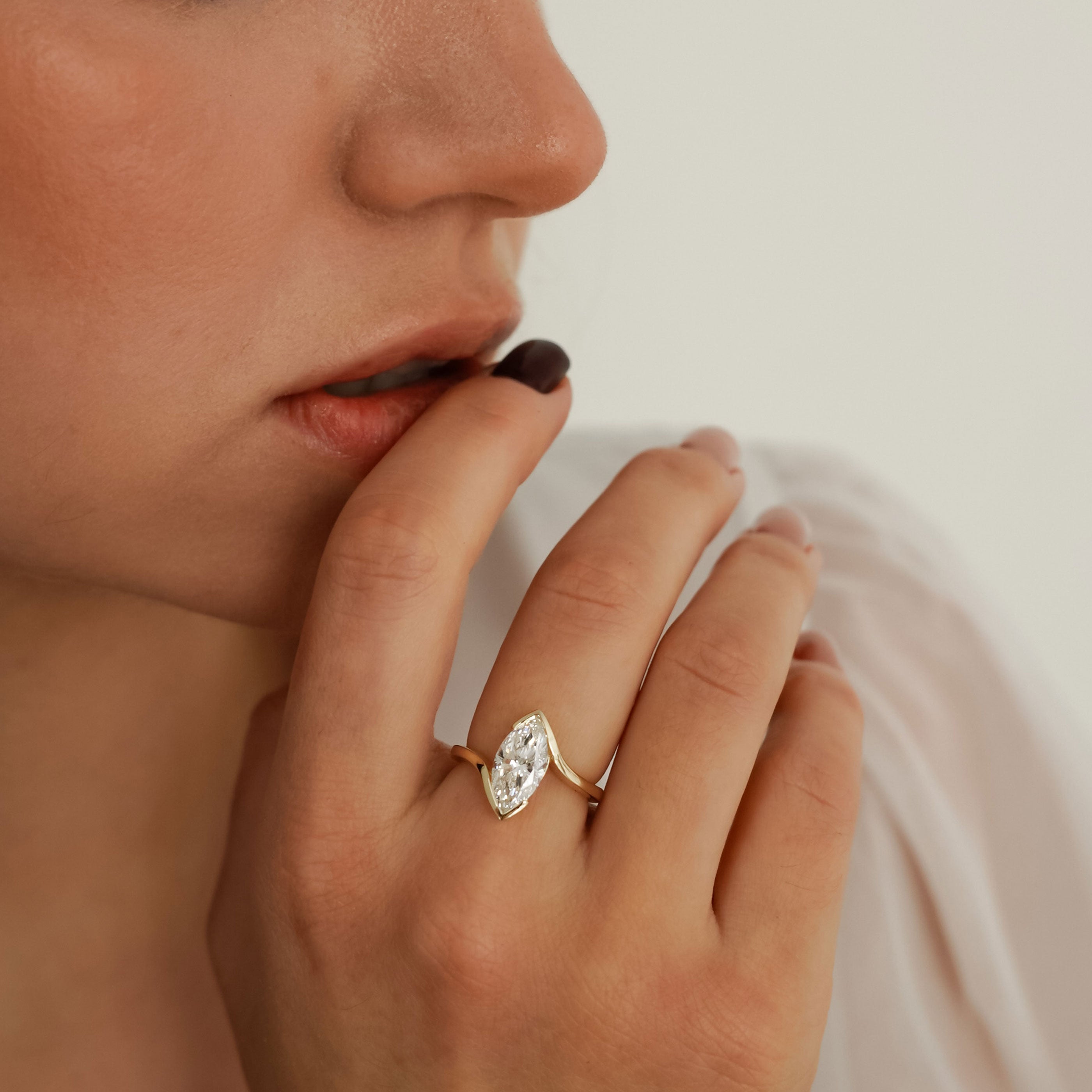 Selene Marquise Cut Half Bezel Bypass Solitaire Engagement Ring, Moissanite/Lab Diamond