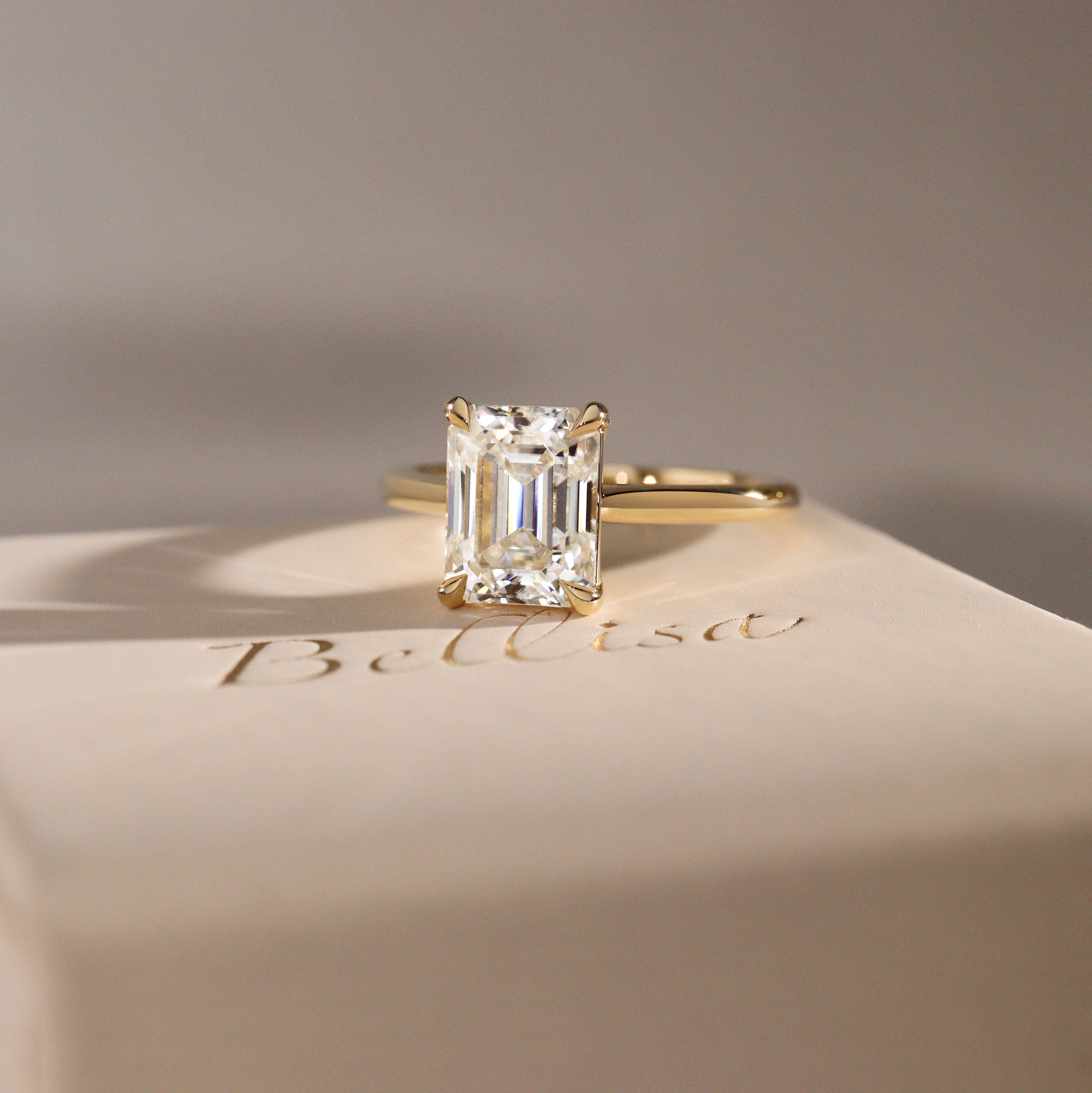 Ava Emerald Cut Solitaire Cathedral Engagement Ring, Moissanite/Lab Grown Diamond