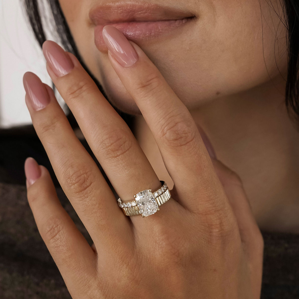Riley Elongated Cushion Hidden Halo Engagement Ring, Cathedral w/ Pavé Band