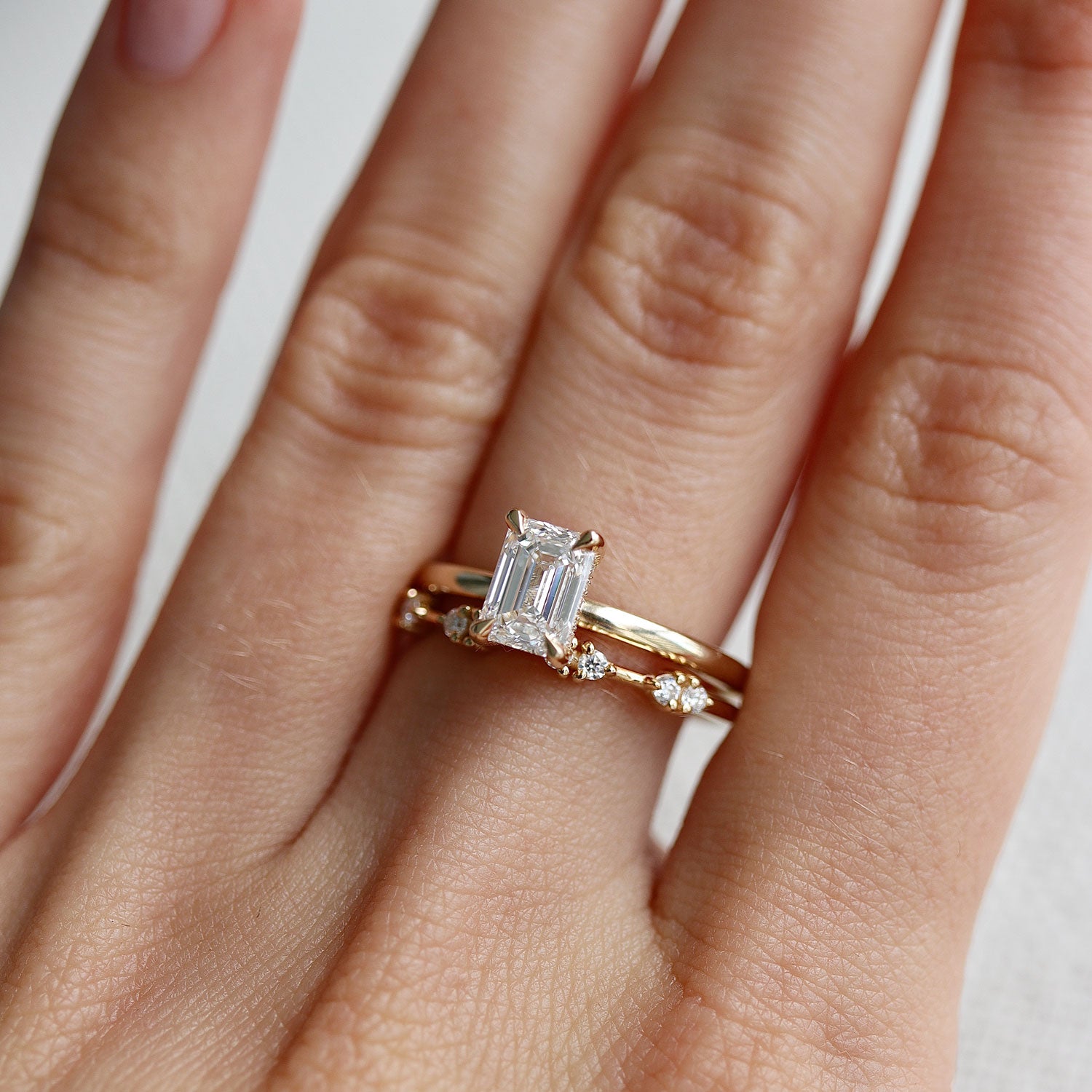 Ava Emerald Cut Solitaire Cathedral Engagement Ring, Moissanite/Lab Grown Diamond