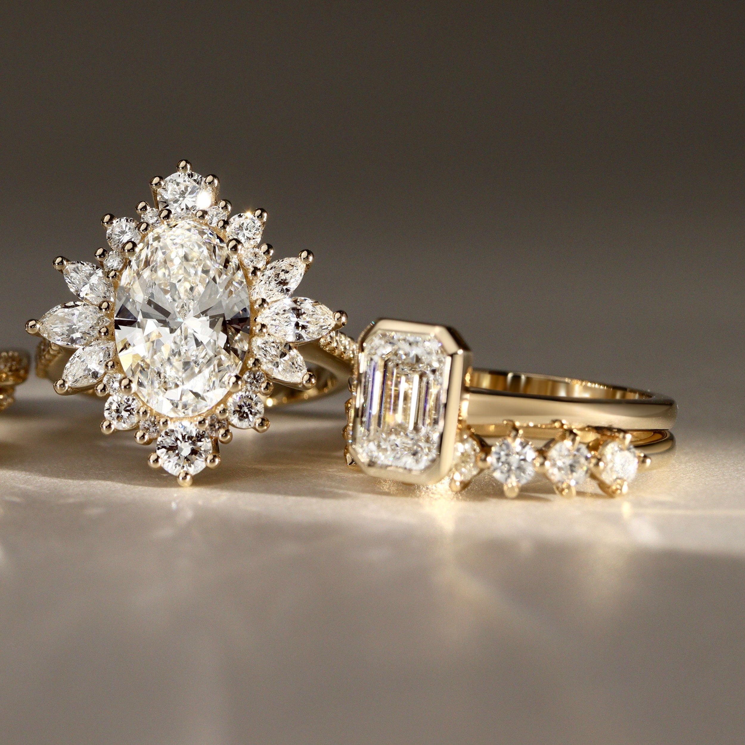 Carmen Emerald Full Bezel Engagement Ring, Moissanite/Lab Diamond