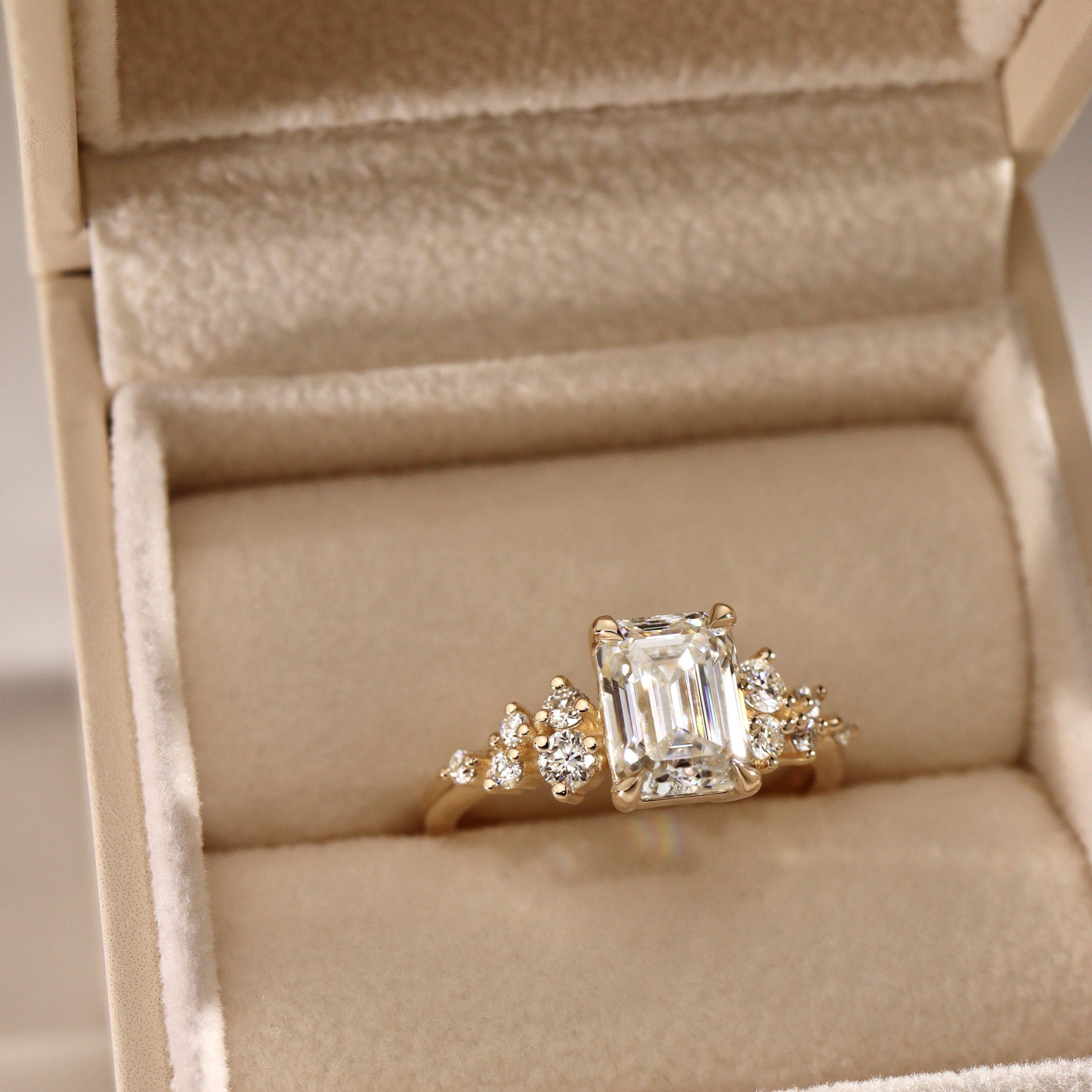 Elena Emerald Cut Cluster Engagement Ring, Moissanite/Lab Grown Diamond
