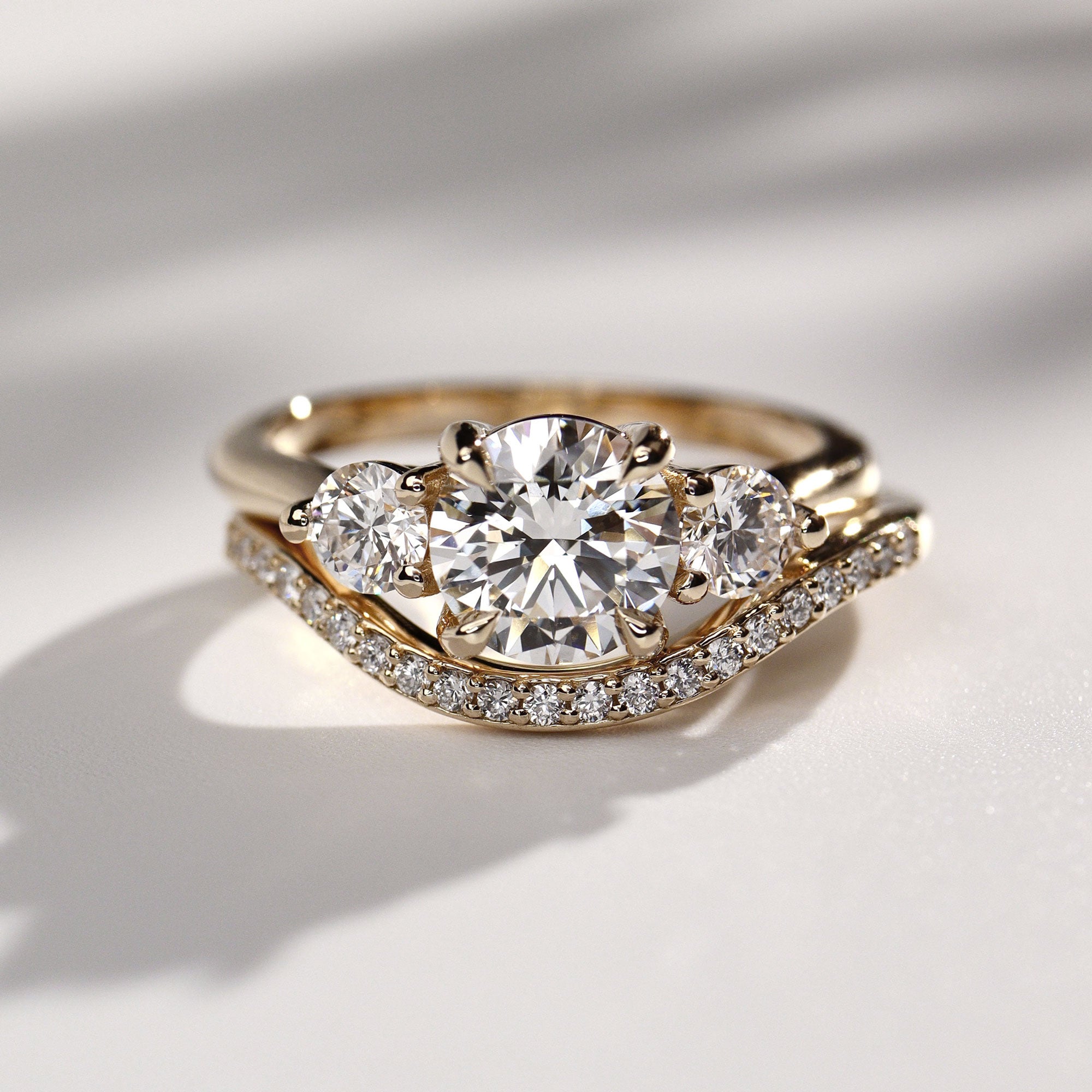 Sofia Round Brilliant Cut Three Stone Engagement Ring, Moissanite/Lab Grown Diamond