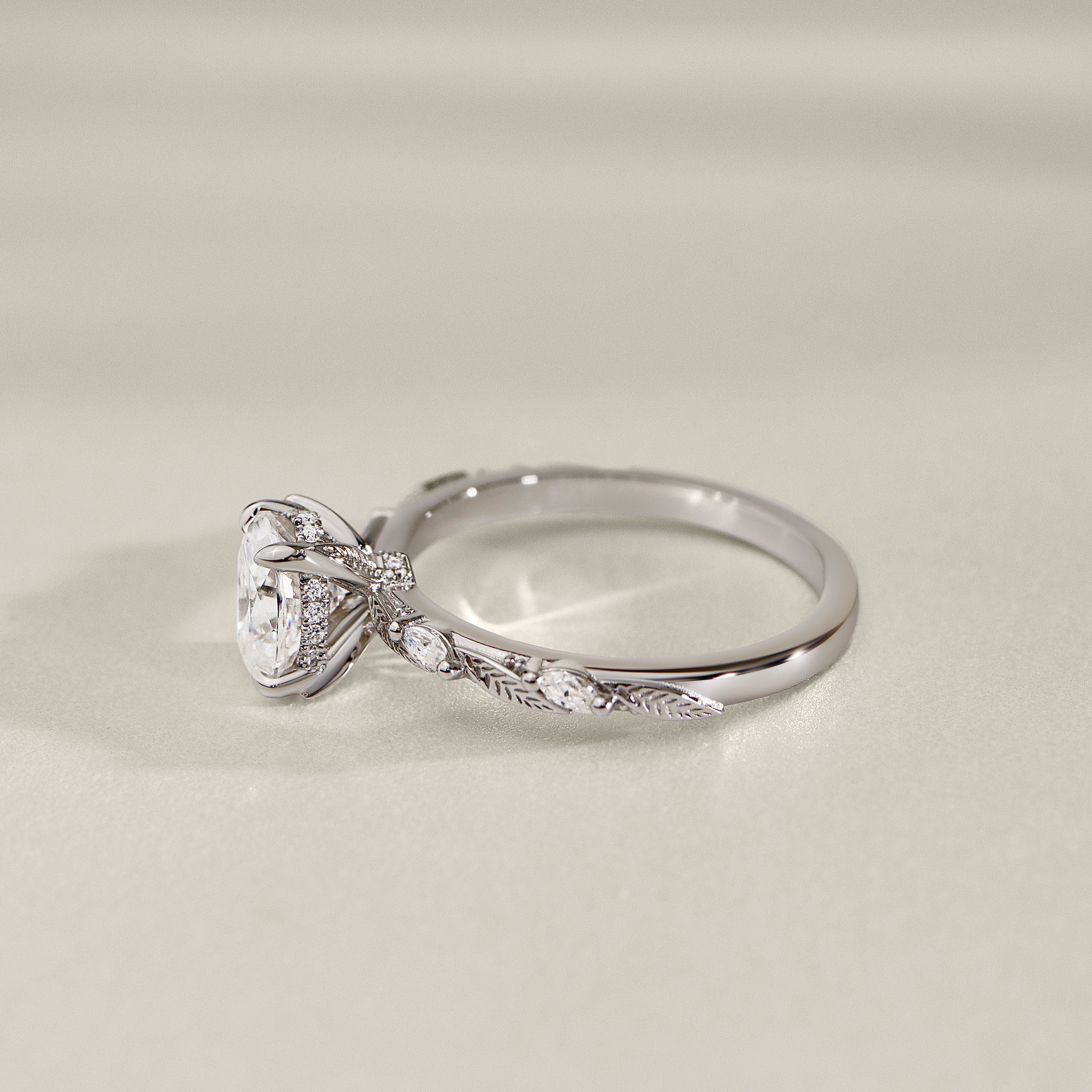 Brooke Oval Cut Leaf Hidden Halo Engagement Ring, Moissanite/Lab Grown Diamond