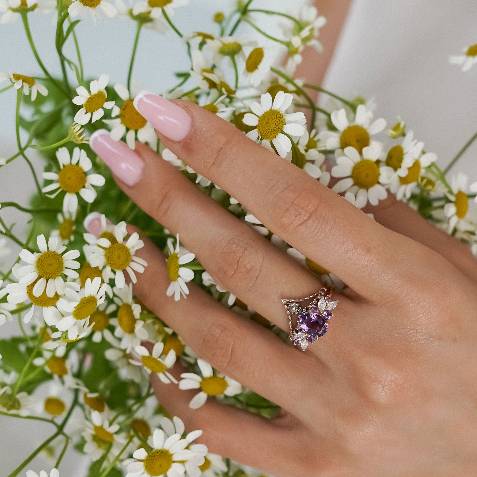 Oval Amethyst Anna's Dream Cluster Engagement Ring, Oval Brilliant With Marquise