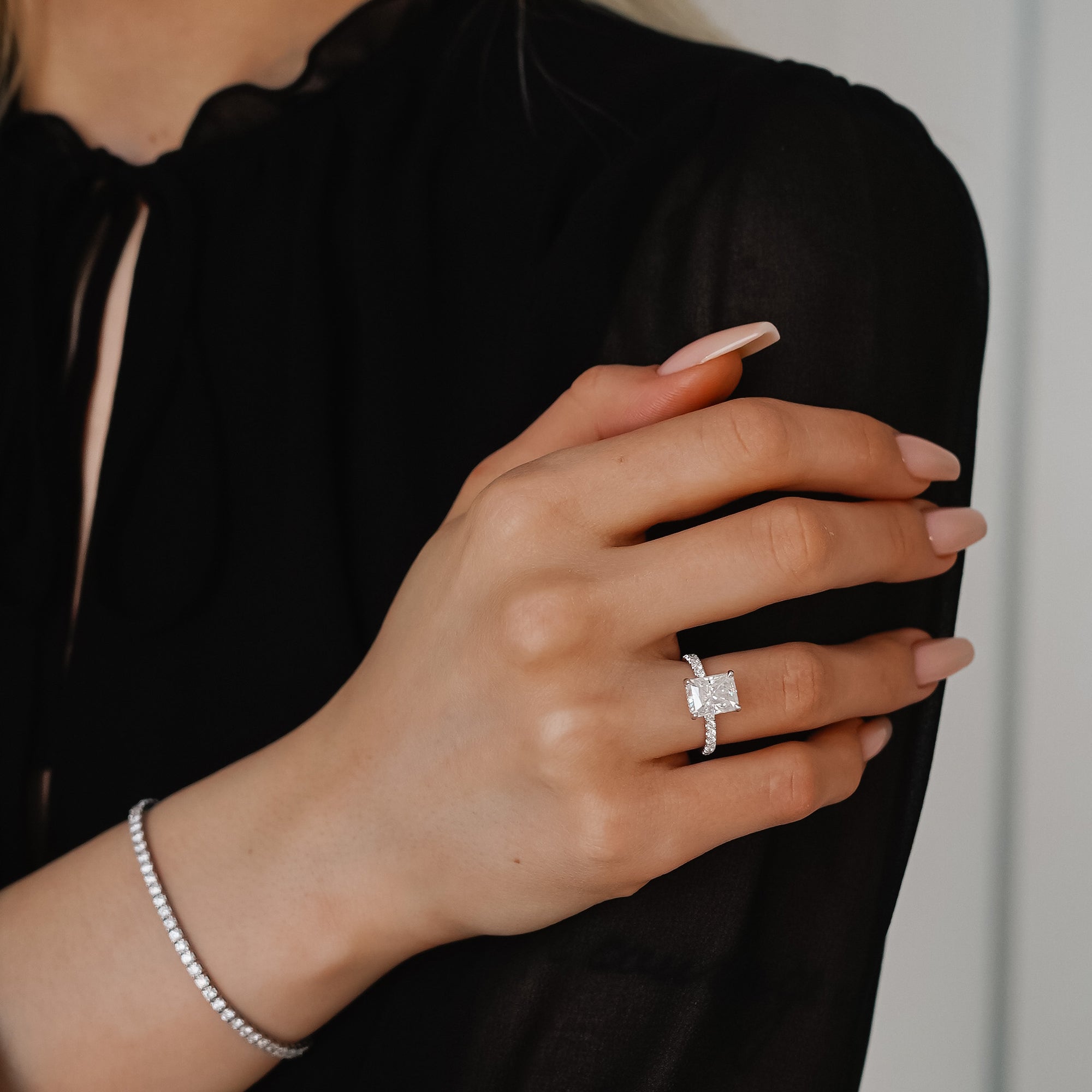 Lily Radiant Double Hidden Halo Engagement Ring, Moissanite/Lab Grown Diamond