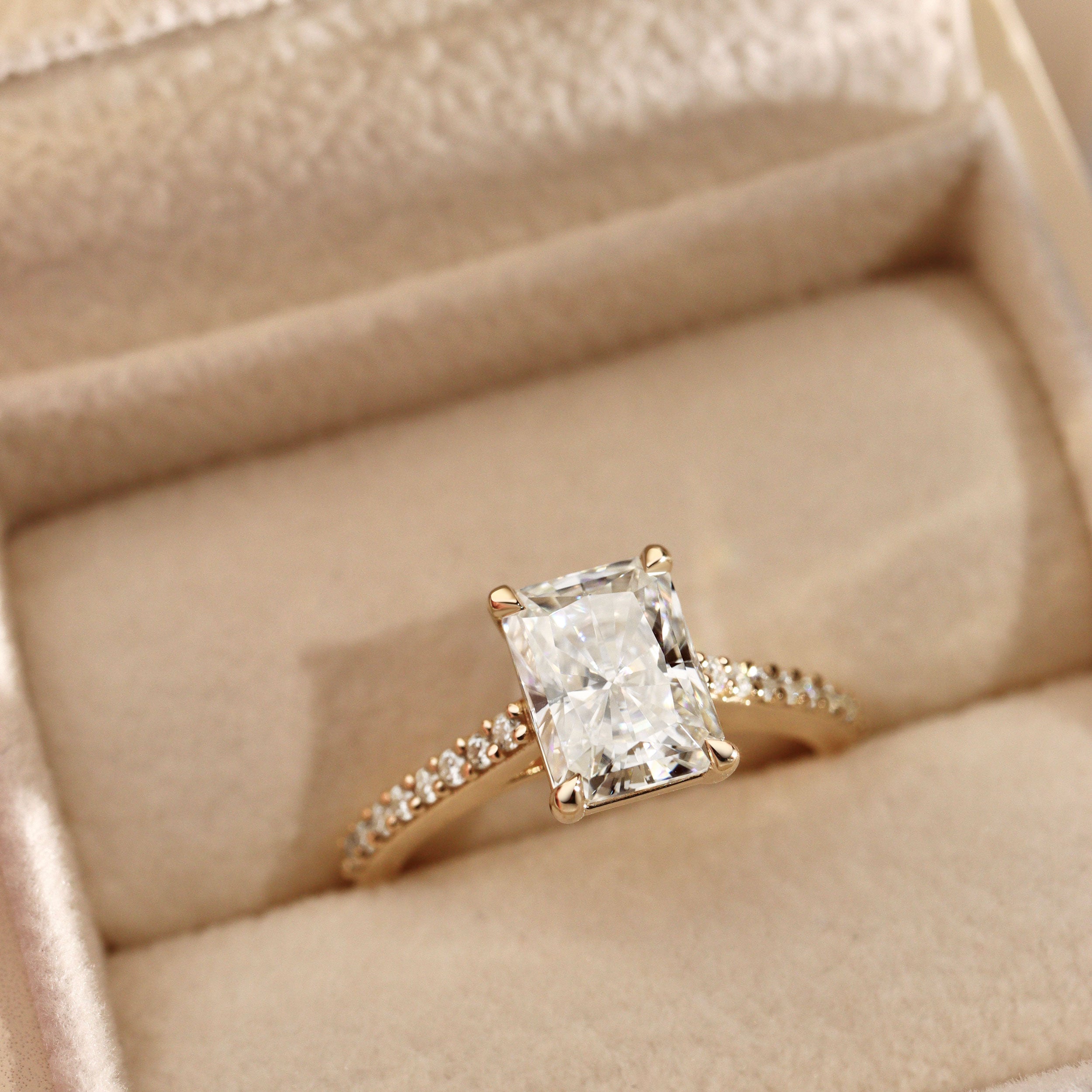 Vera Radiant Cut Cathedral Pavé Engagement Ring, Moissanite/Lab Grown Diamond