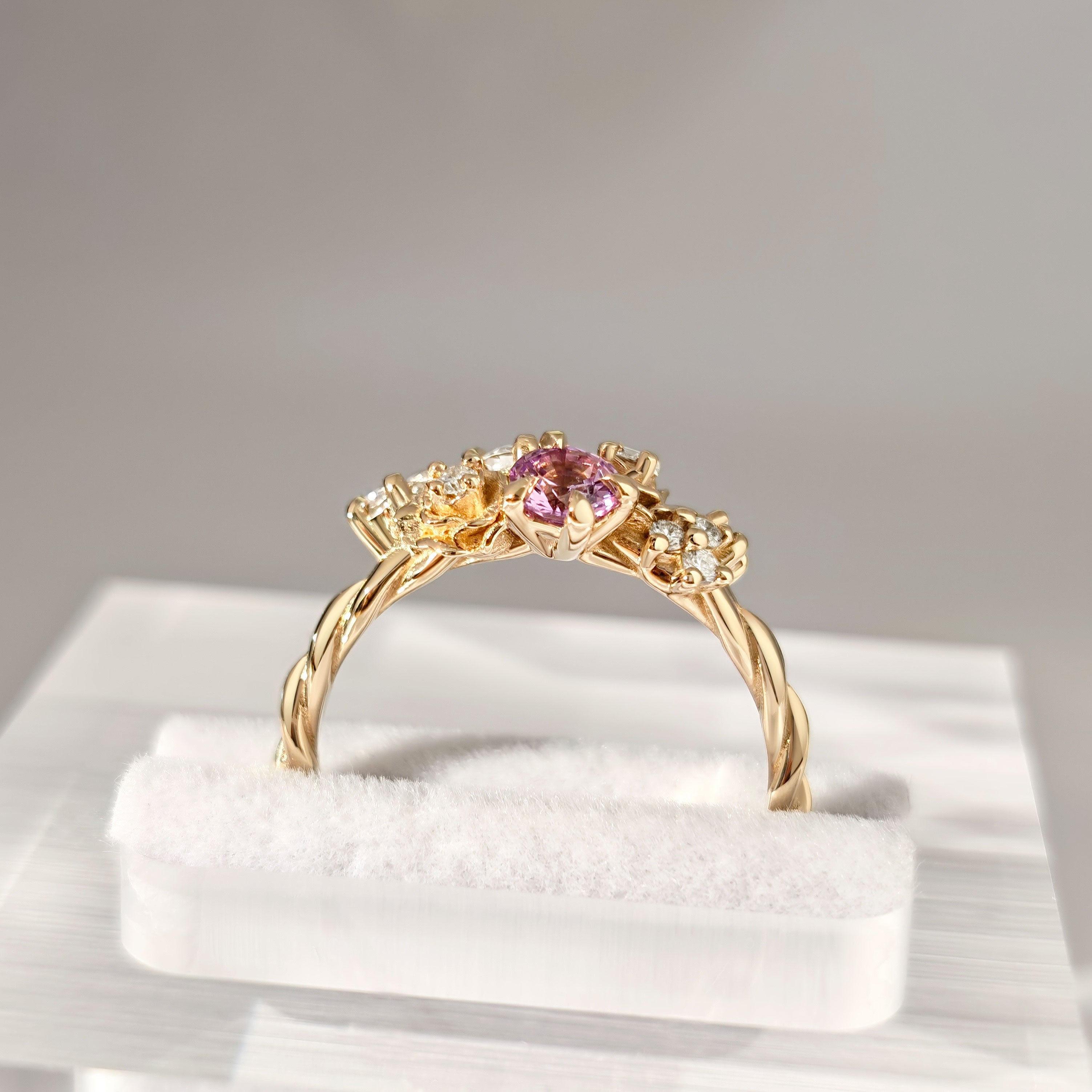 Small Rose Blossom Engagement Ring, Pink Sapphire & Natural Diamond