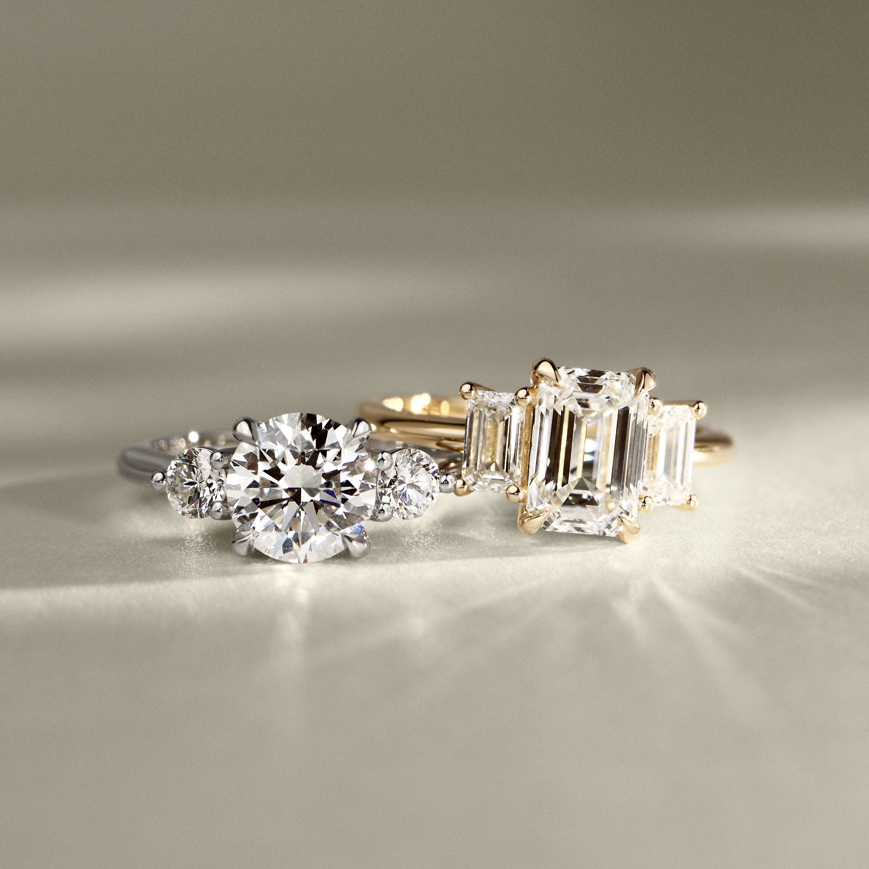 Sofia Round Brilliant Cut Three Stone Engagement Ring, Moissanite/Lab Grown Diamond