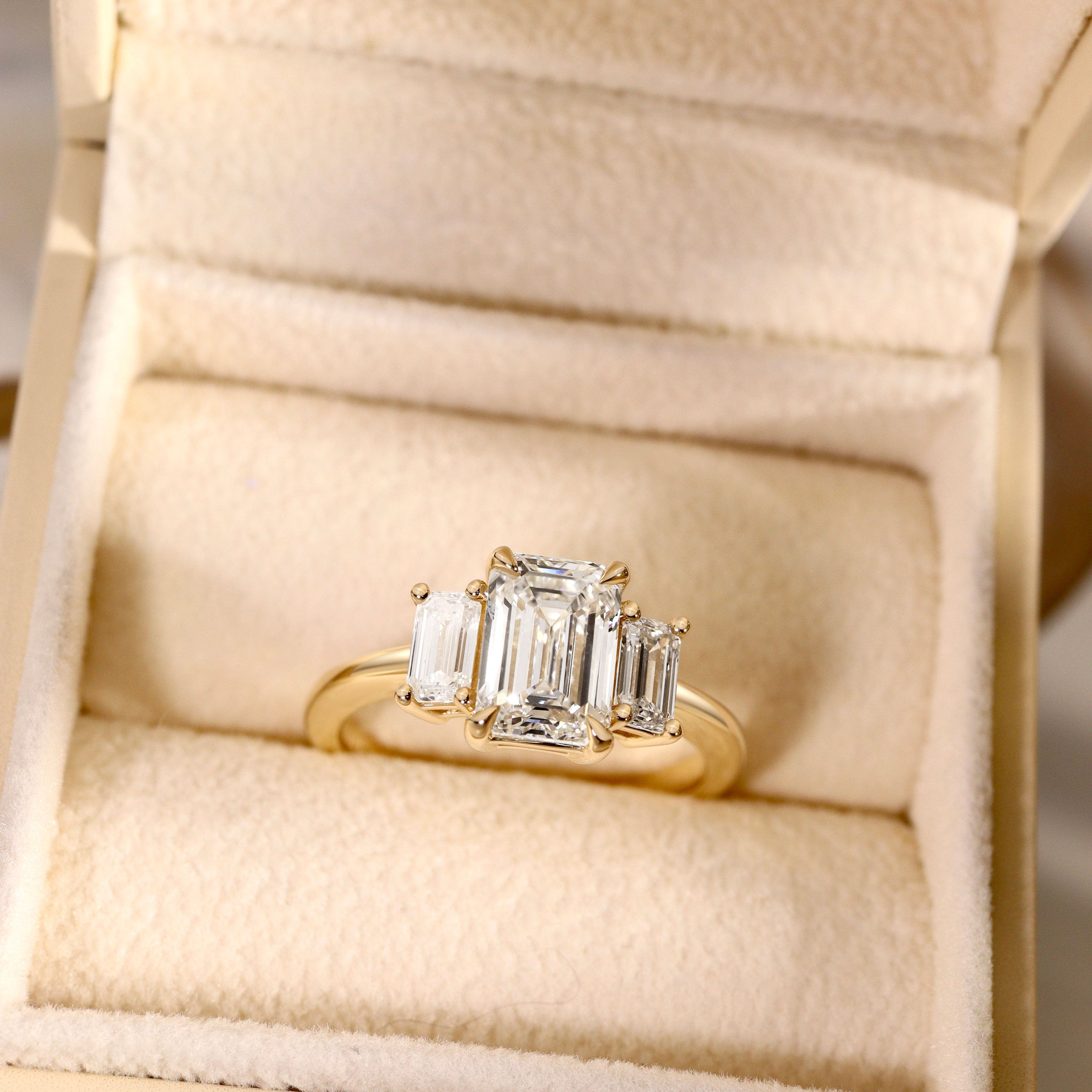 Evelyn Emerald Cut Three Stone Engagement Ring, Low Set