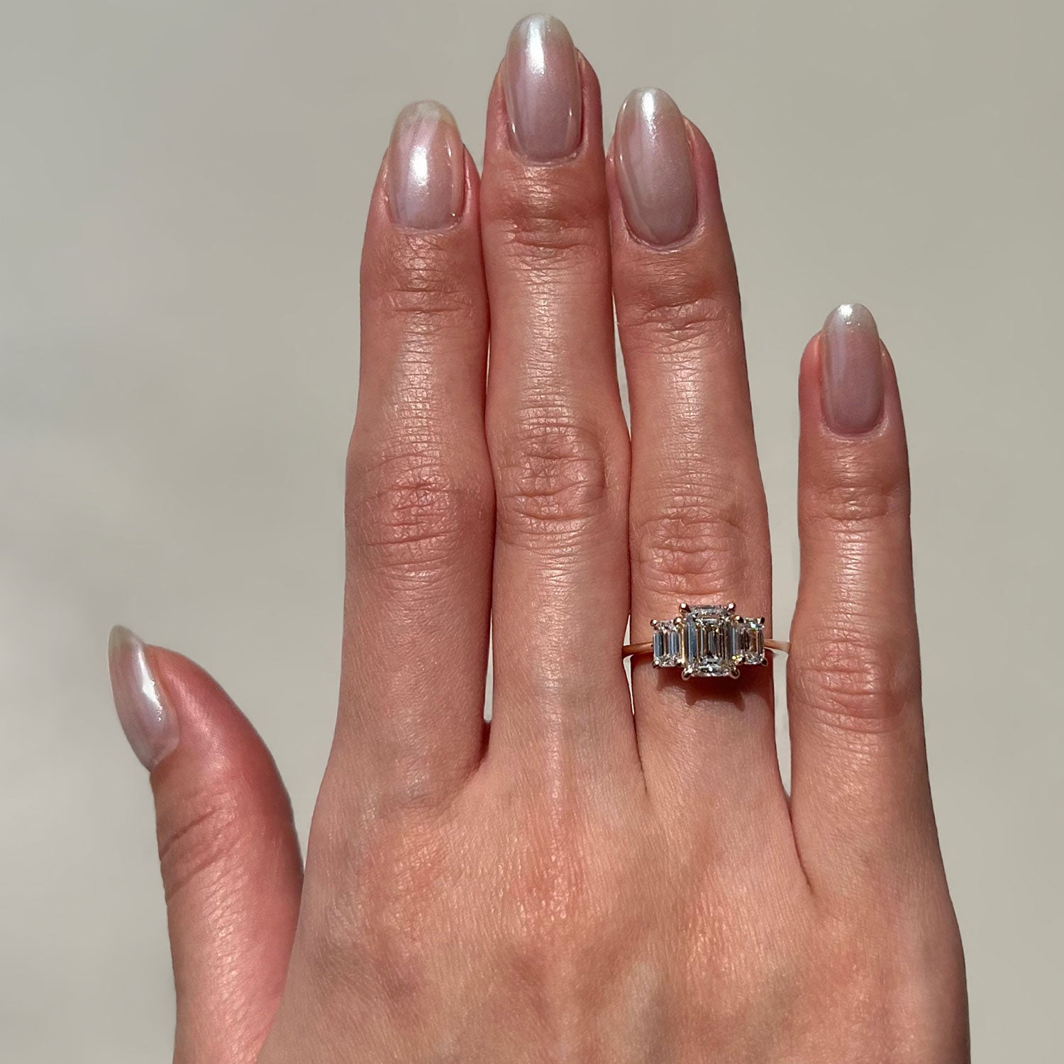 Evelyn Emerald Cut Three Stone Engagement Ring, Low Set