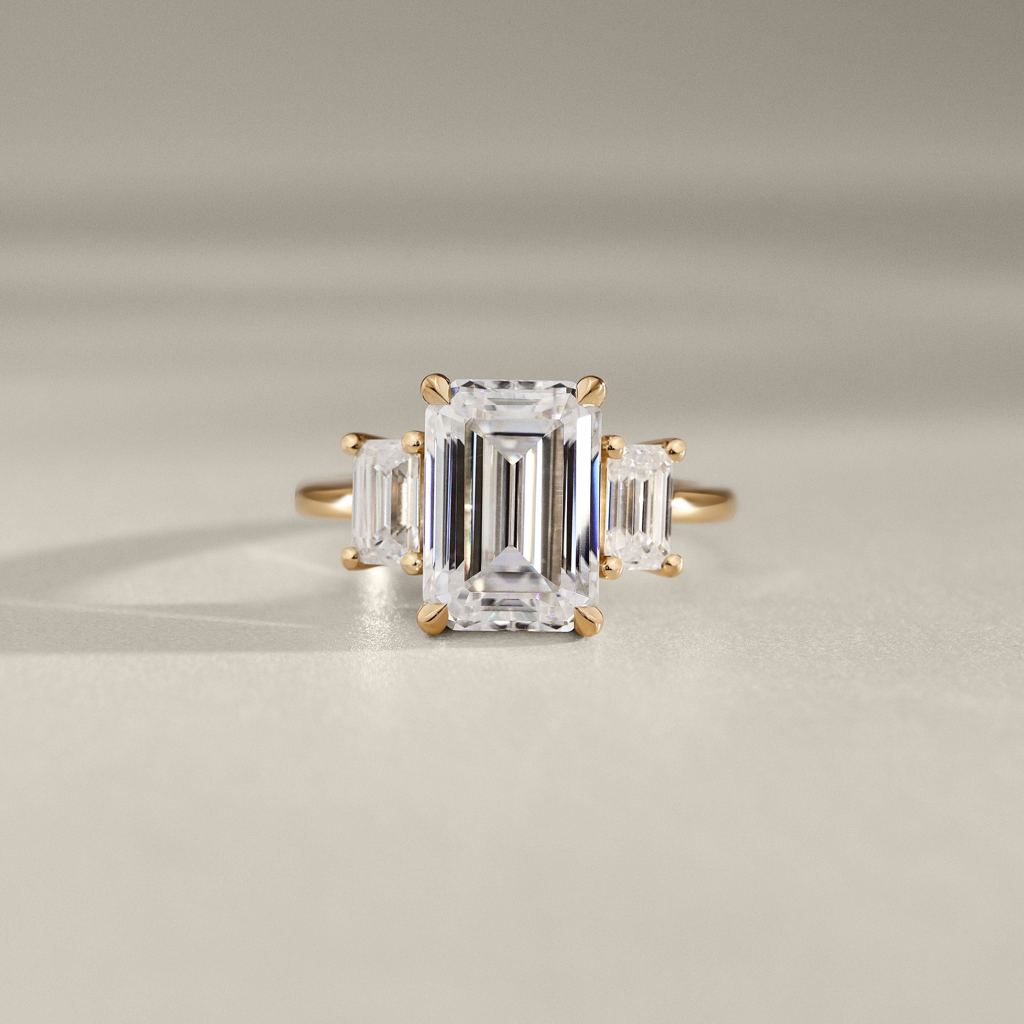 Evelyn Emerald Cut Three Stone Engagement Ring, Low Set