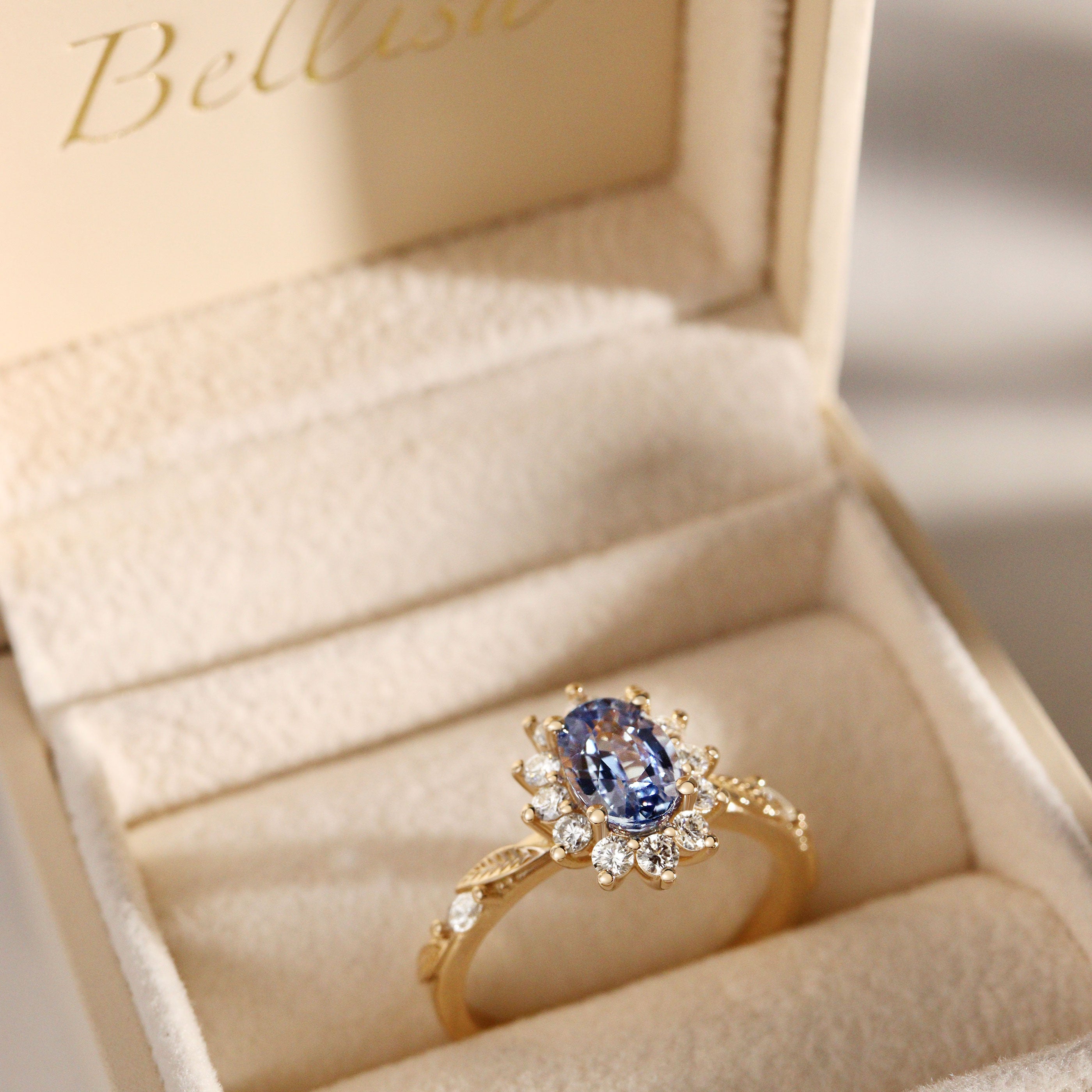 Brooke Oval Blue Sapphire Halo Engagement Ring, Marquise Leaf Band