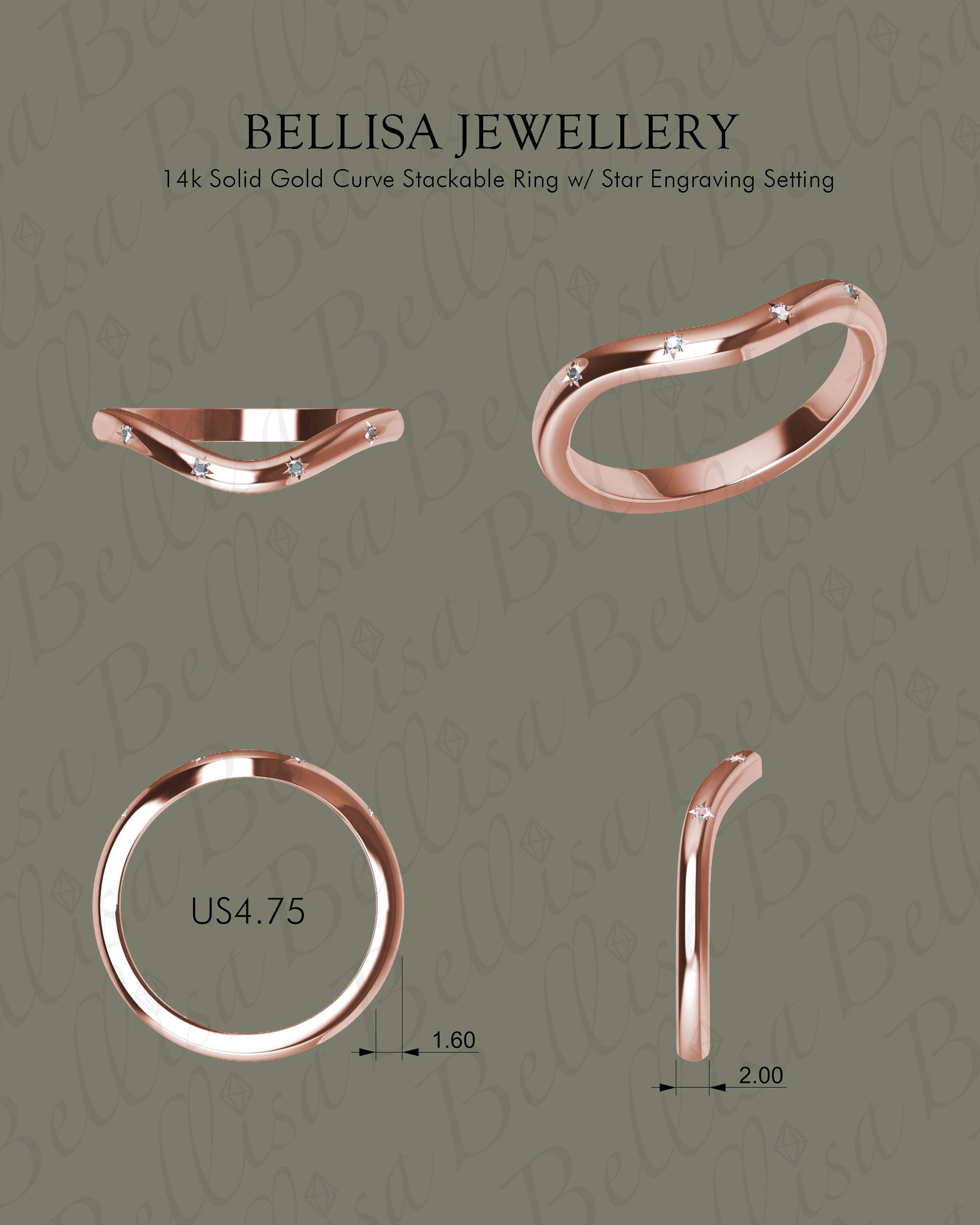 Customization - 14k Solid Gold Curve Stackable Ring w/ Star Engraving Setting