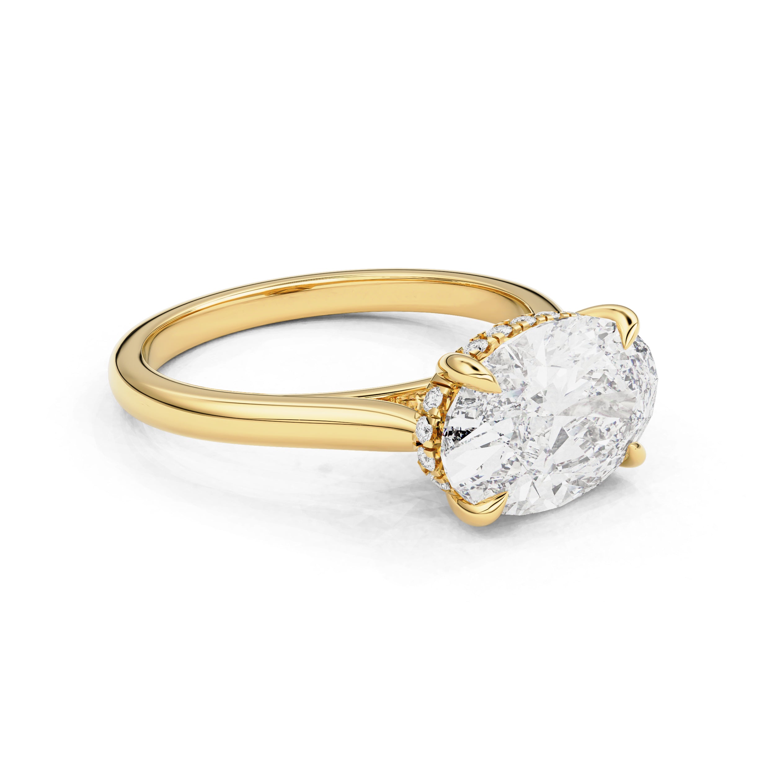 Ivy East West Oval Cut Hidden Halo Solitaire Engagement Ring, Cathedral Band