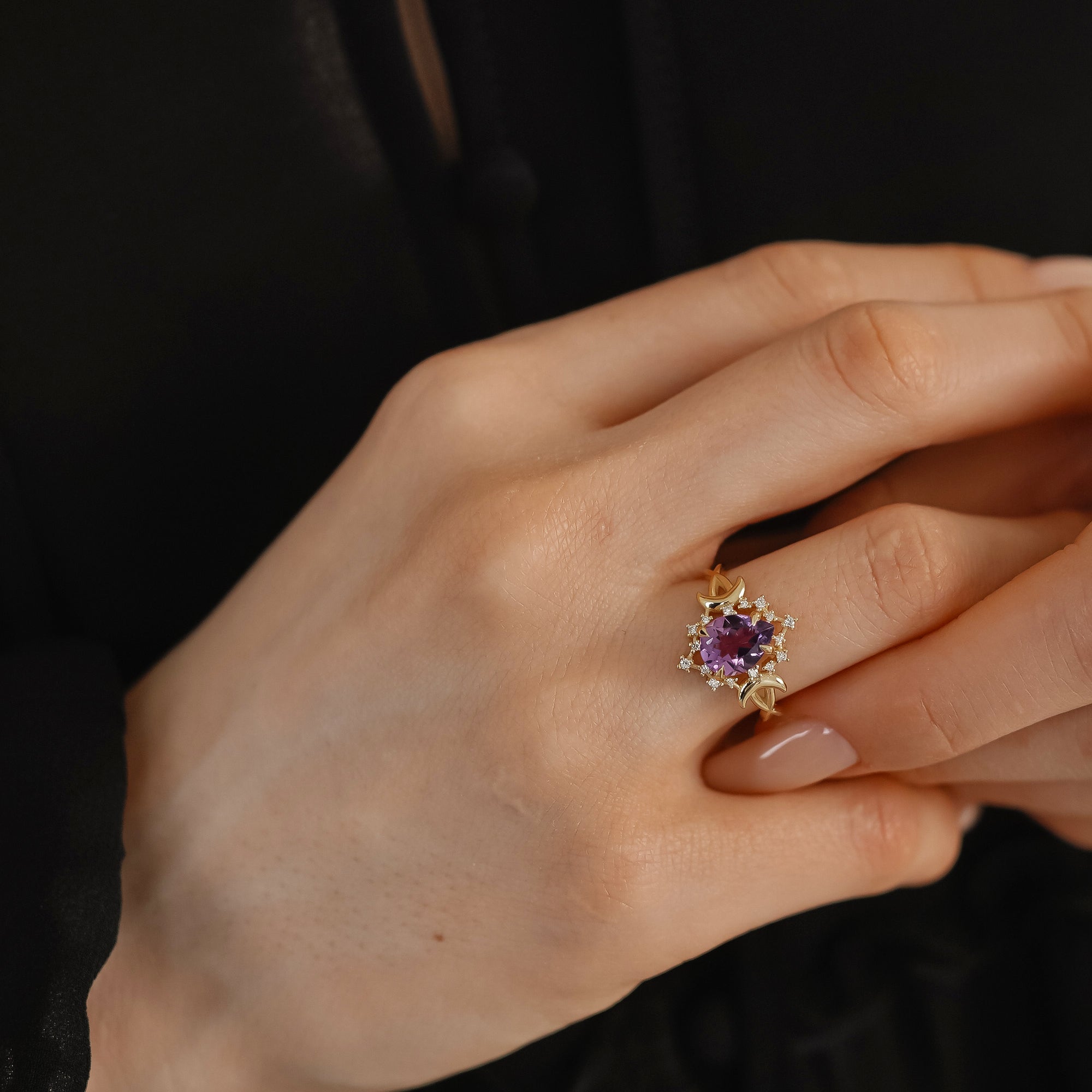 Alice Star & Moon Magic Engagement Ring, Pear Cut Amethyst