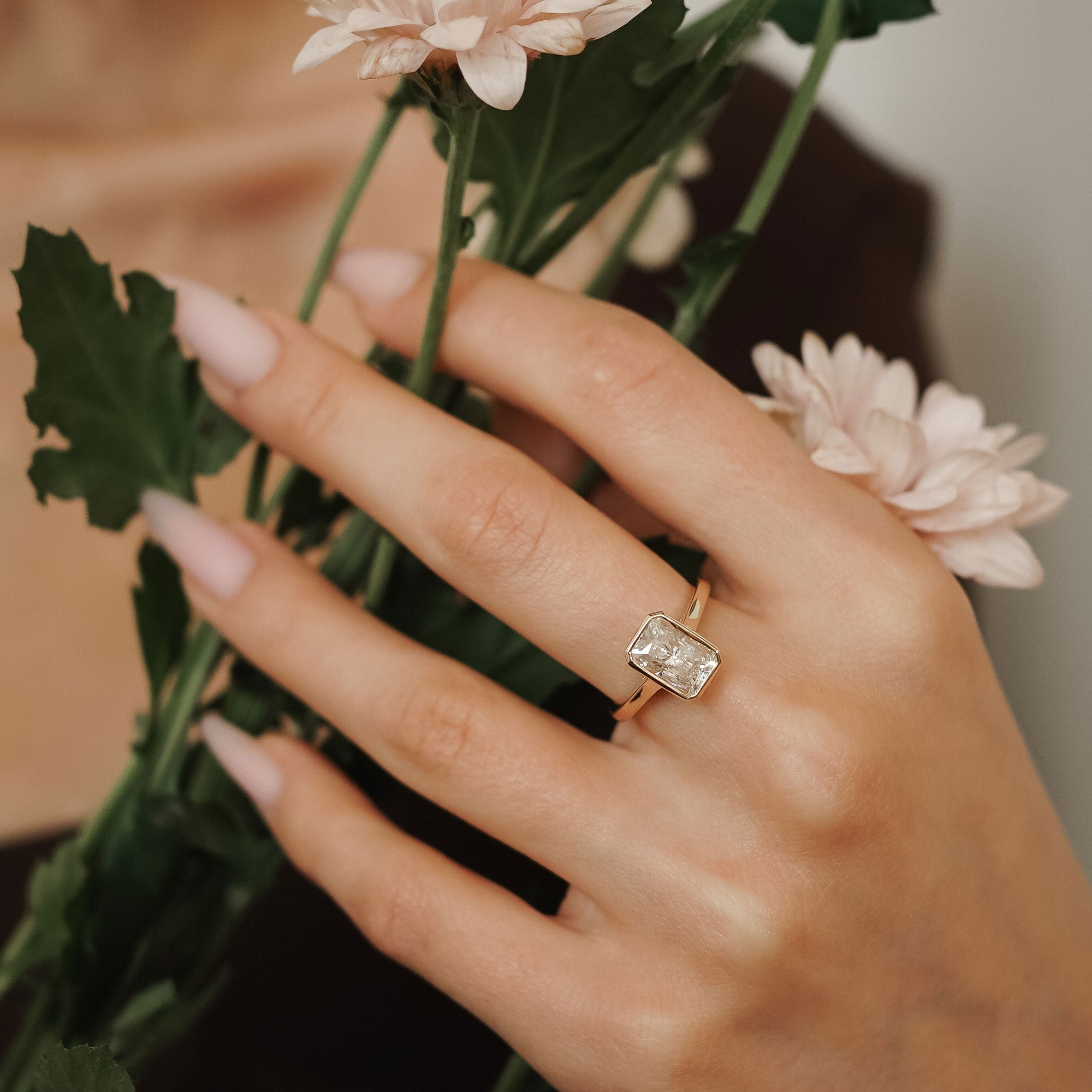 Carmen Radiant Full Bezel Engagement Ring, Moissanite/Lab Diamond