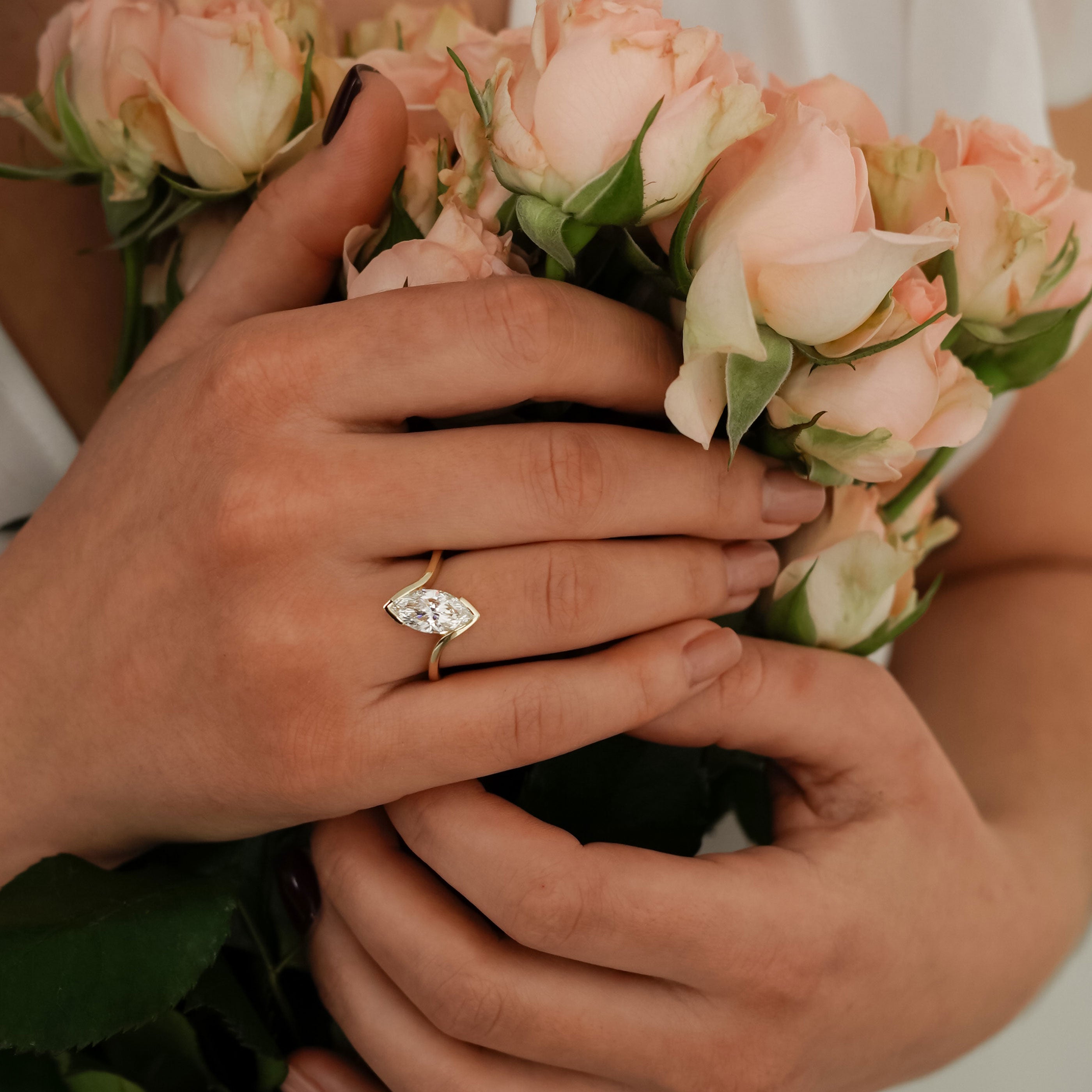 Selene Marquise Cut Half Bezel Bypass Solitaire Engagement Ring, Moissanite/Lab Diamond