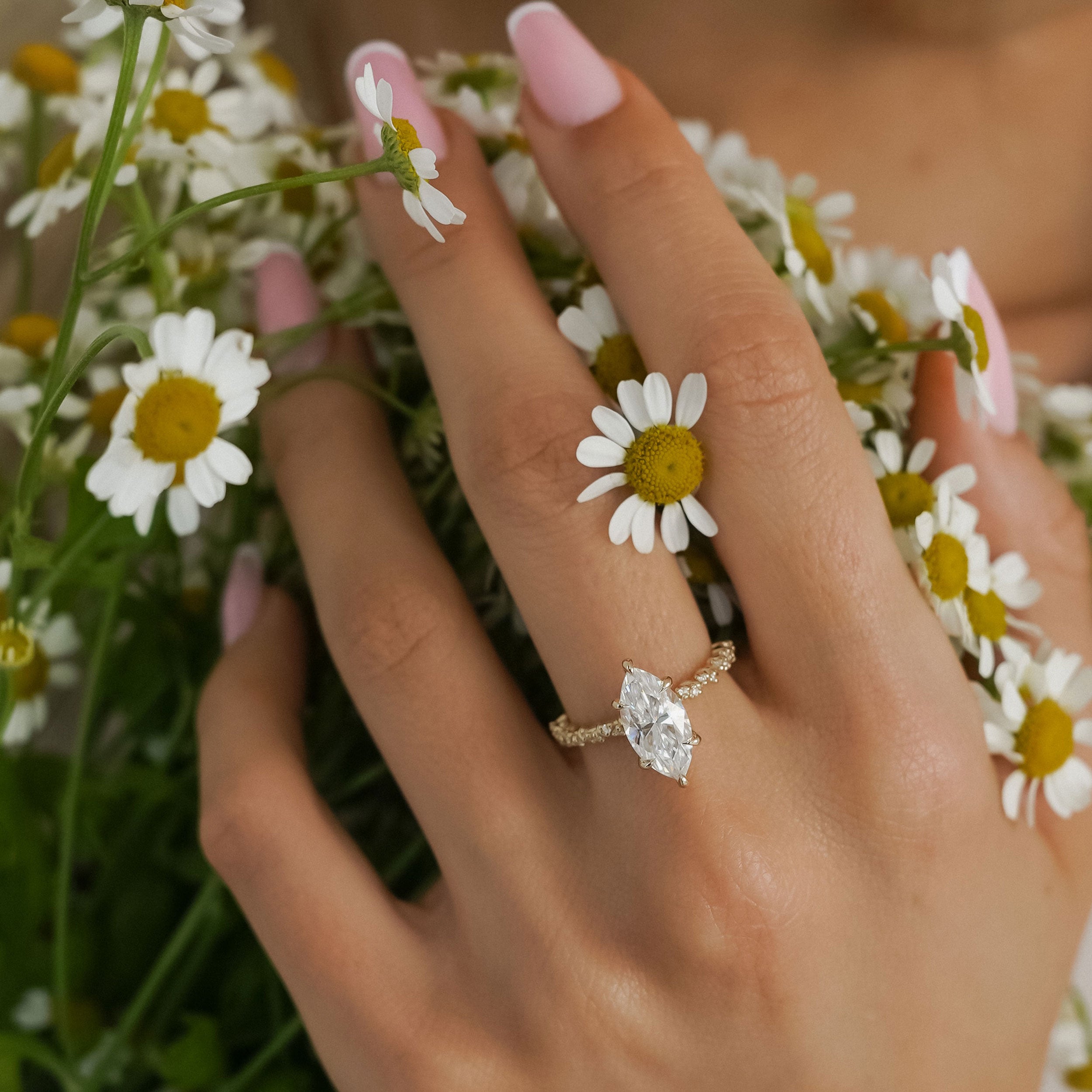 Aurora Marquise Cut Vine Pavé Prong Engagement Ring, Moissanite/Lab Grown Diamond