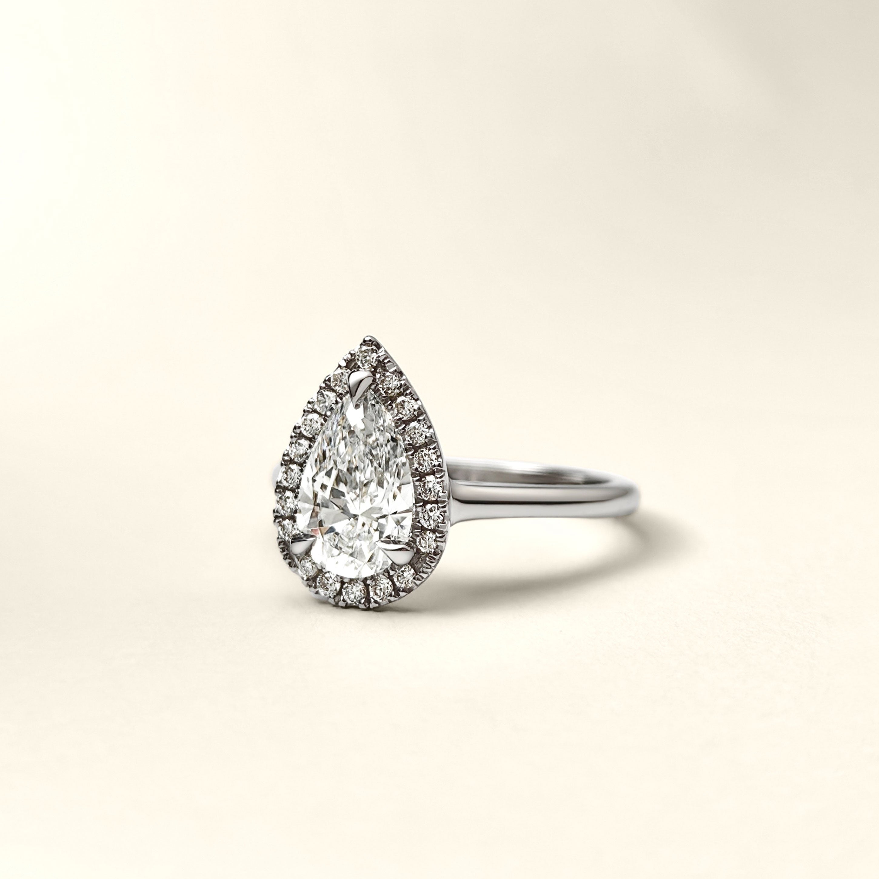 Paula Pear Forever Halo Engagement Ring, Moissanite/Lab Grown Diamond