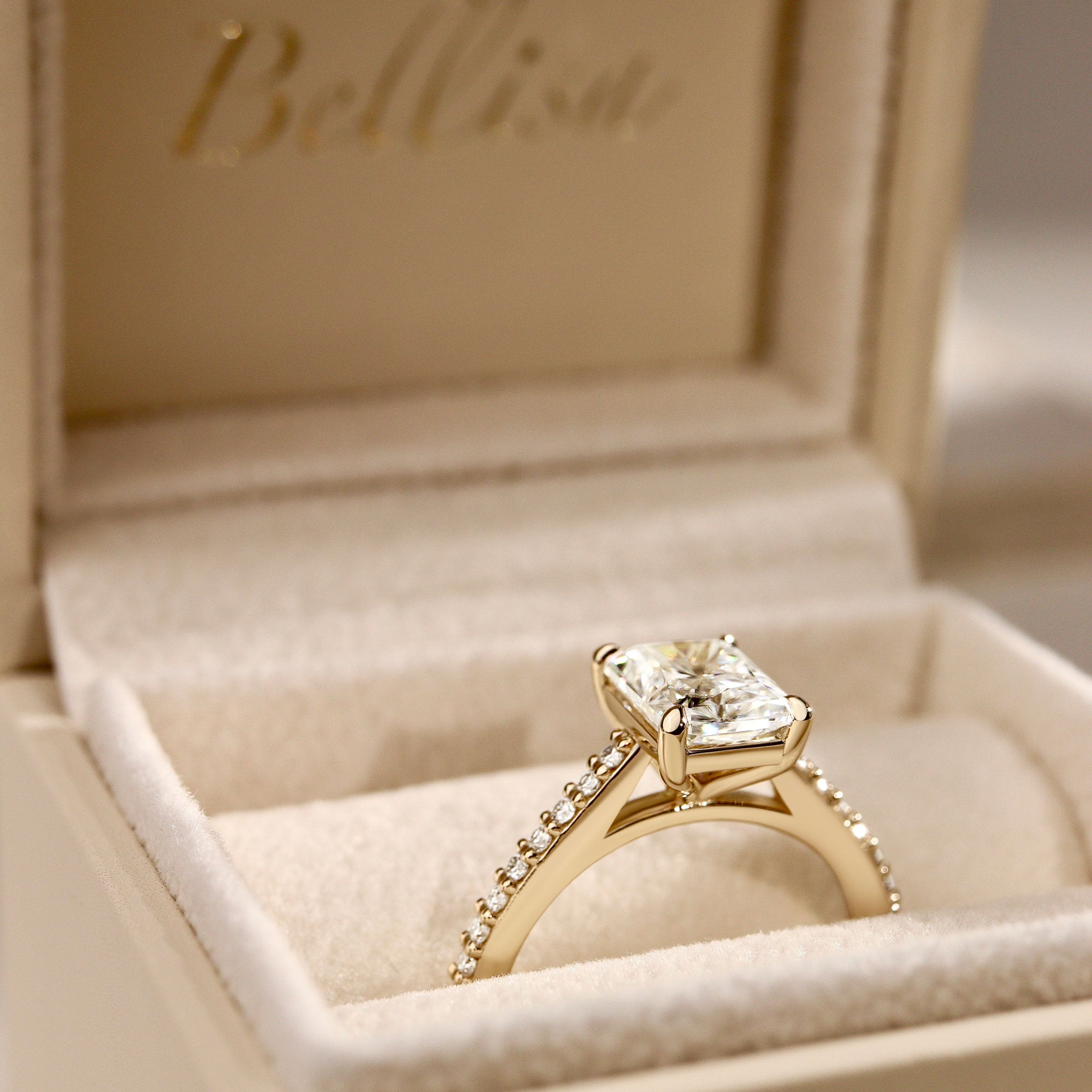 Vera Radiant Cut Cathedral Pavé Engagement Ring, Moissanite/Lab Grown Diamond