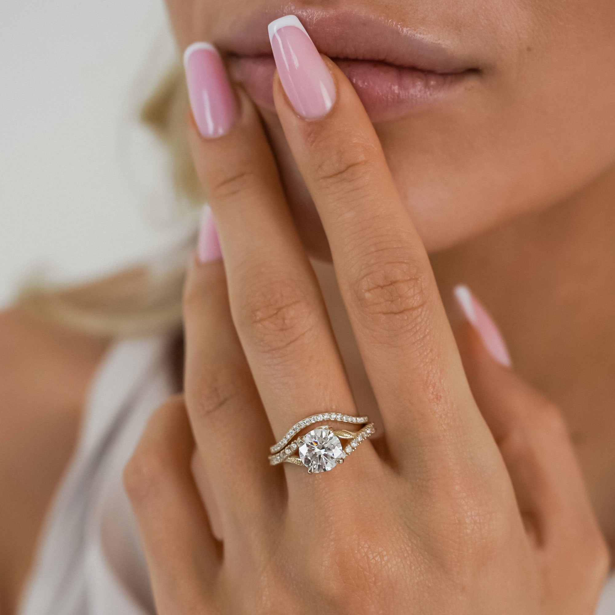 Evelina Round Cut Nature Inspired Leaf Prong Split Shank Engagement Ring,