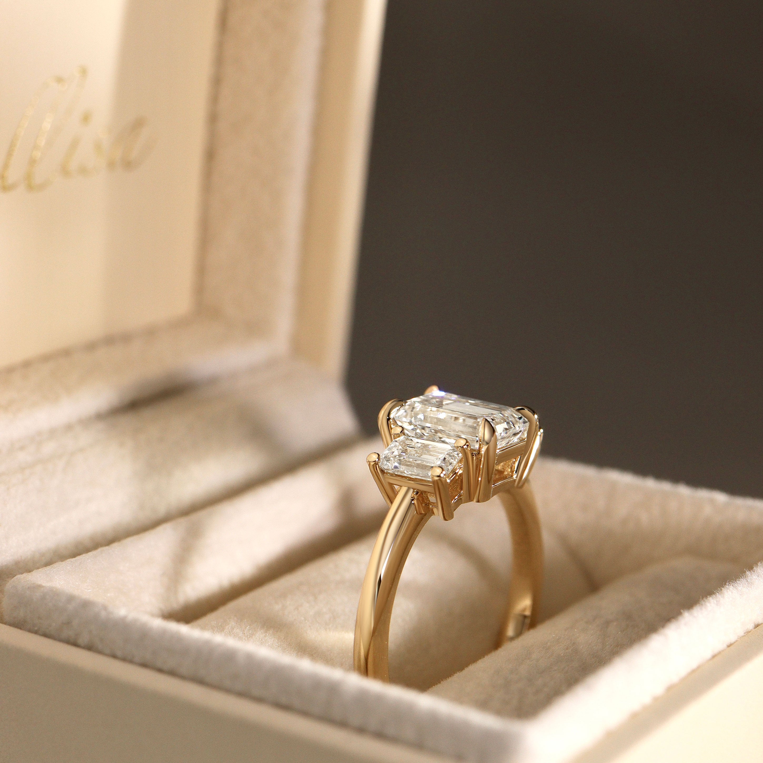 Evelyn Emerald Cut Three Stone Engagement Ring, Low Set