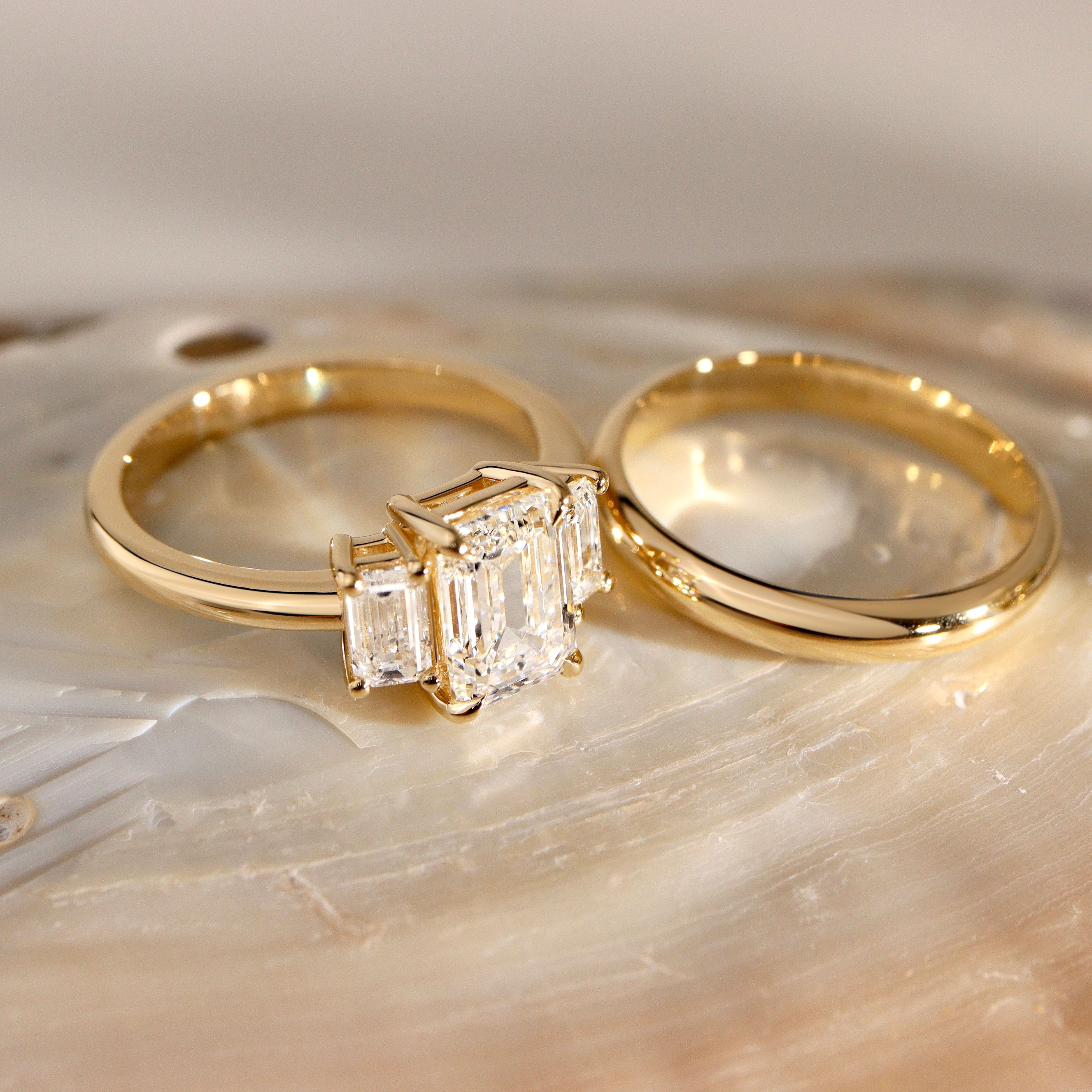 Evelyn Emerald Cut Three Stone Engagement Ring, Low Set