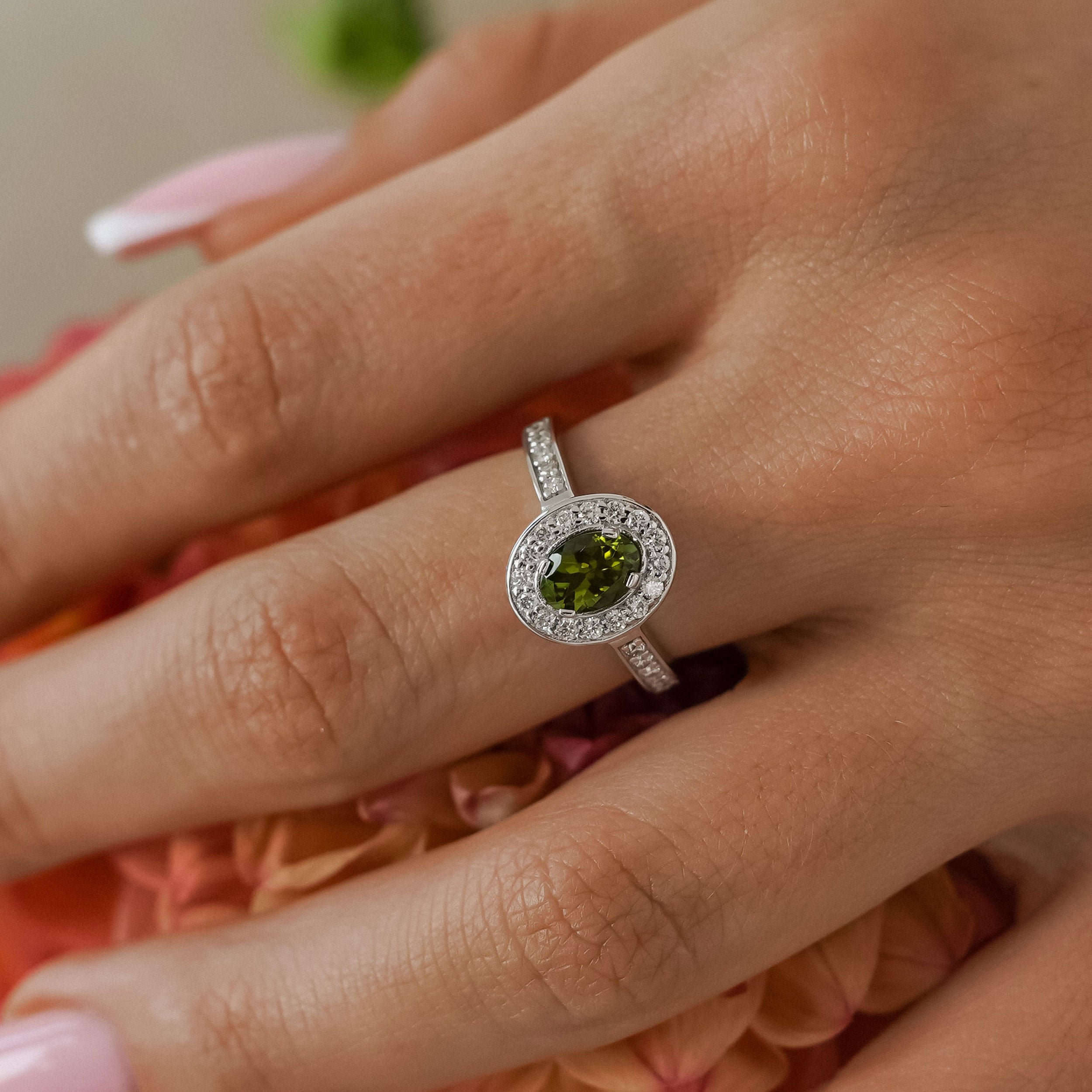 Micropave Sparkling Halo Engagement Ring, Green Tourmaline & Diamonds