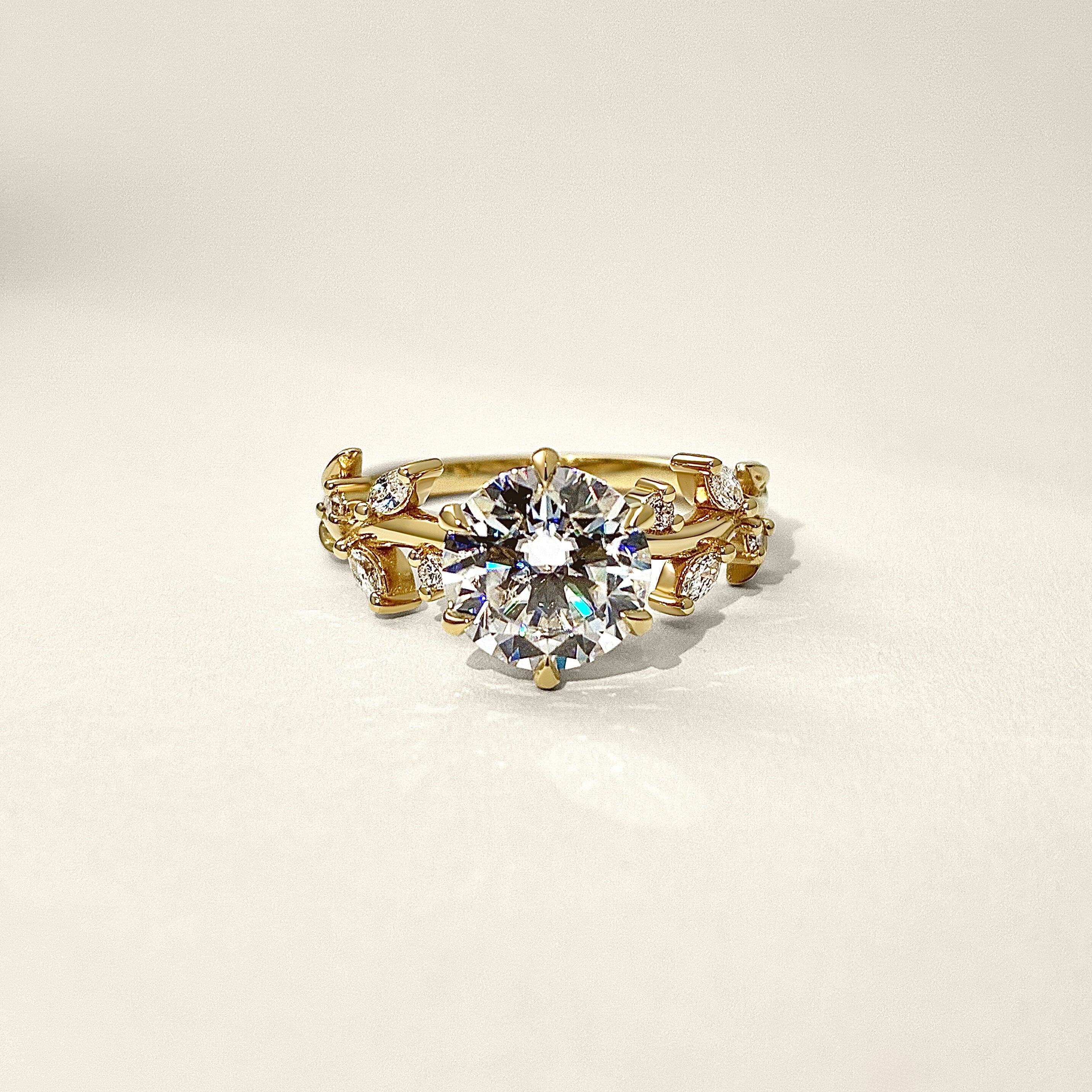 Bespoke #9181 - Round Petal Hidden Halo Engagement Ring, Custom Twig Band Euro Shank & 6 Prongs
