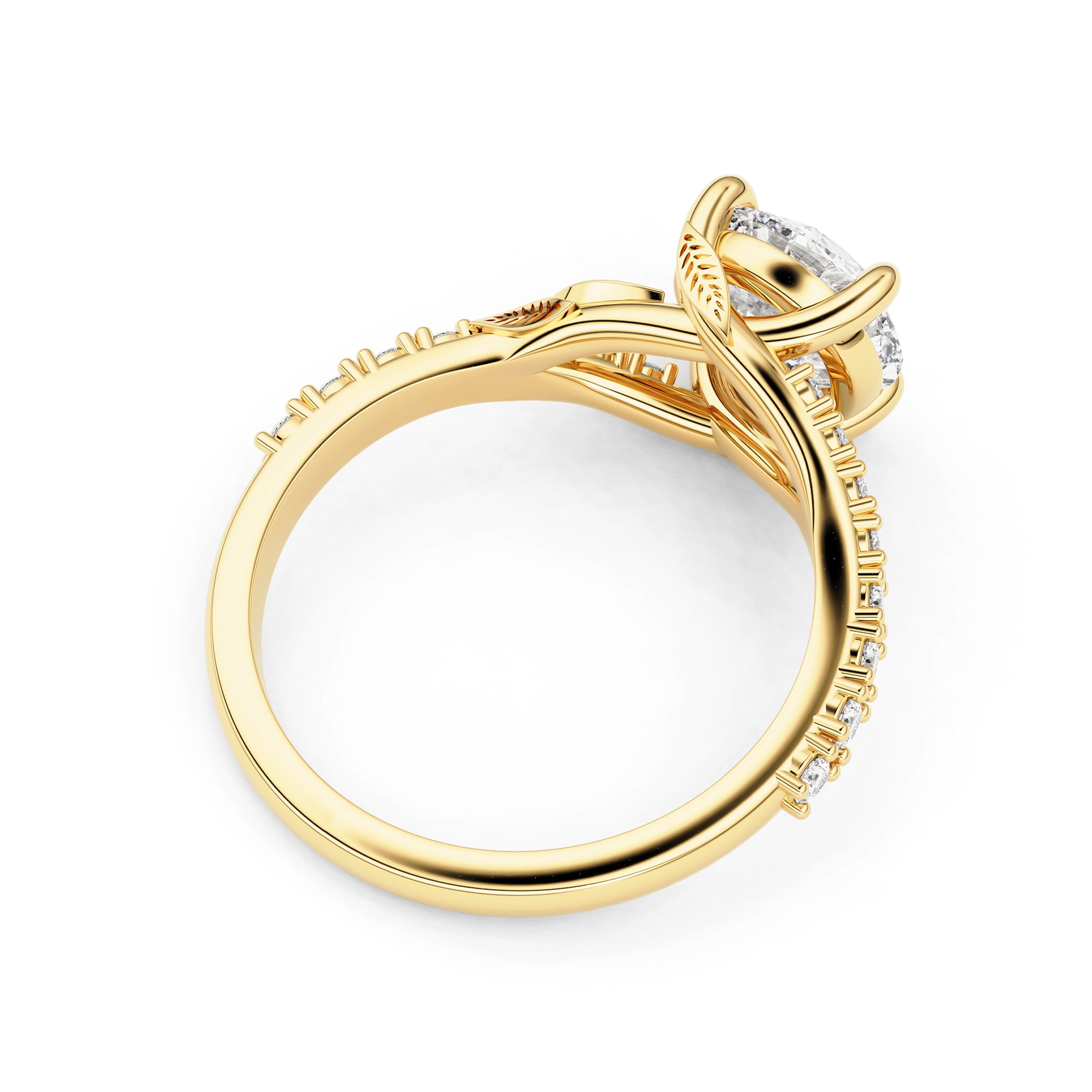 Evelina Round Cut Leaf Split Shank Engagement Ring, Moissanite/Lab Grown Diamond