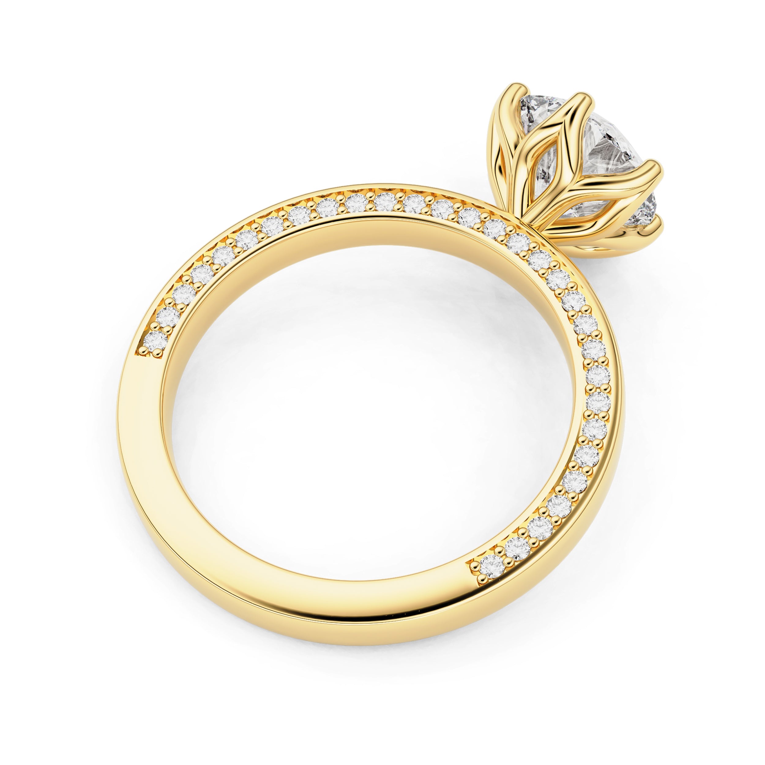 Tulip Setting Engagement Ring with Side Pavé in 6 prongs round diamond