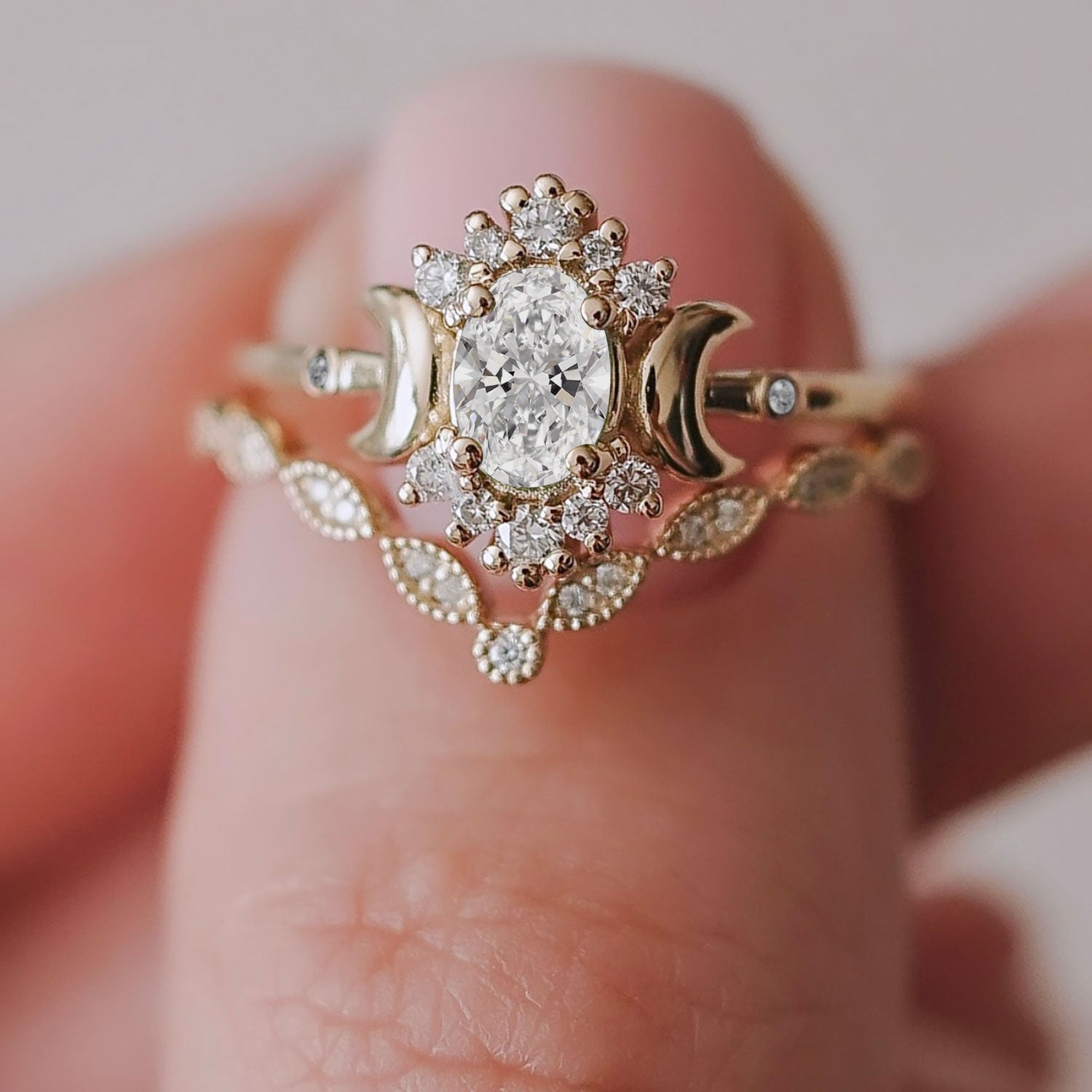 Endless Love Oval Cut Moon Halo Engagement Ring, Moissanite/Lab Grown Diamond