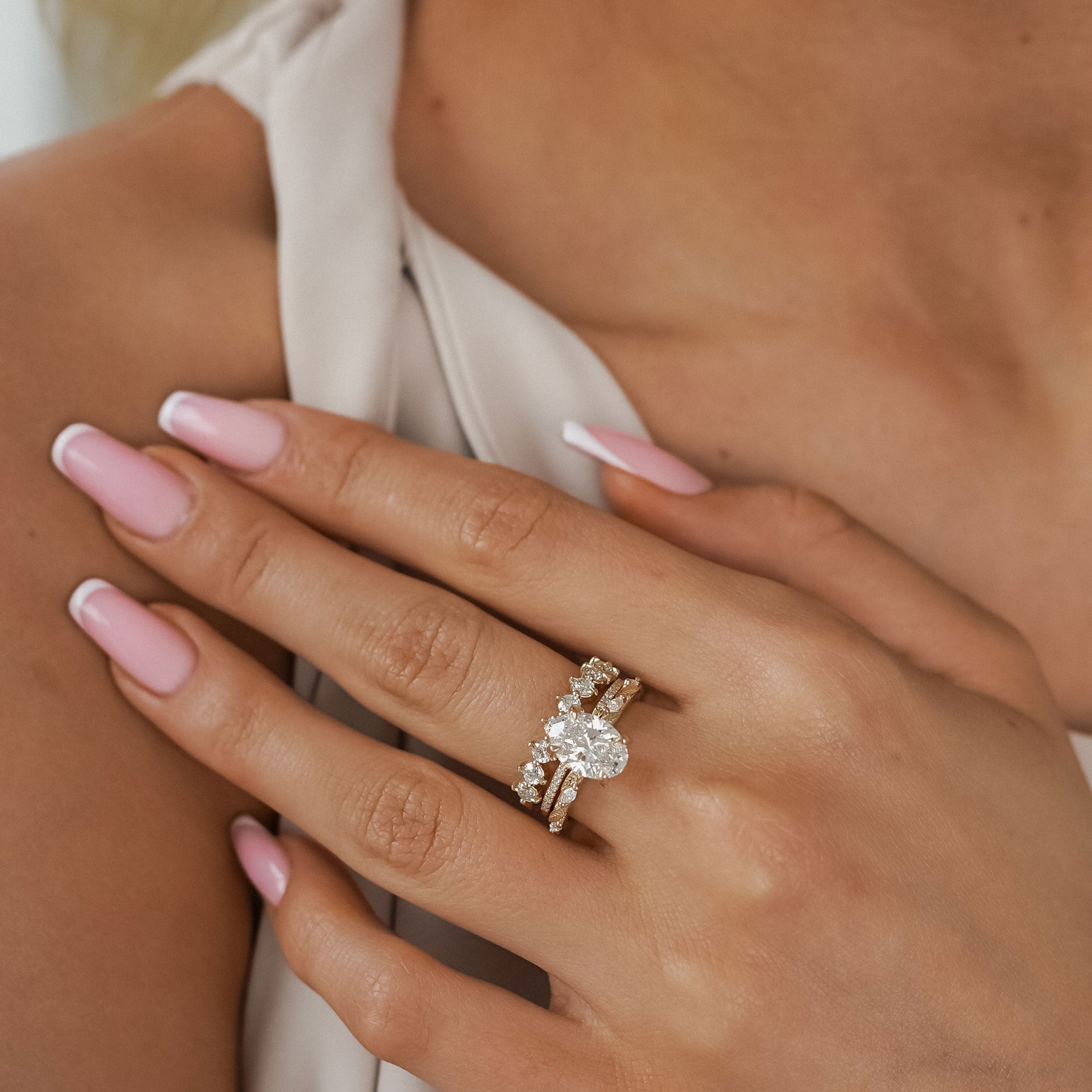 Brooke Oval Cut Leaf Hidden Halo Engagement Ring, Moissanite/Lab Grown Diamond