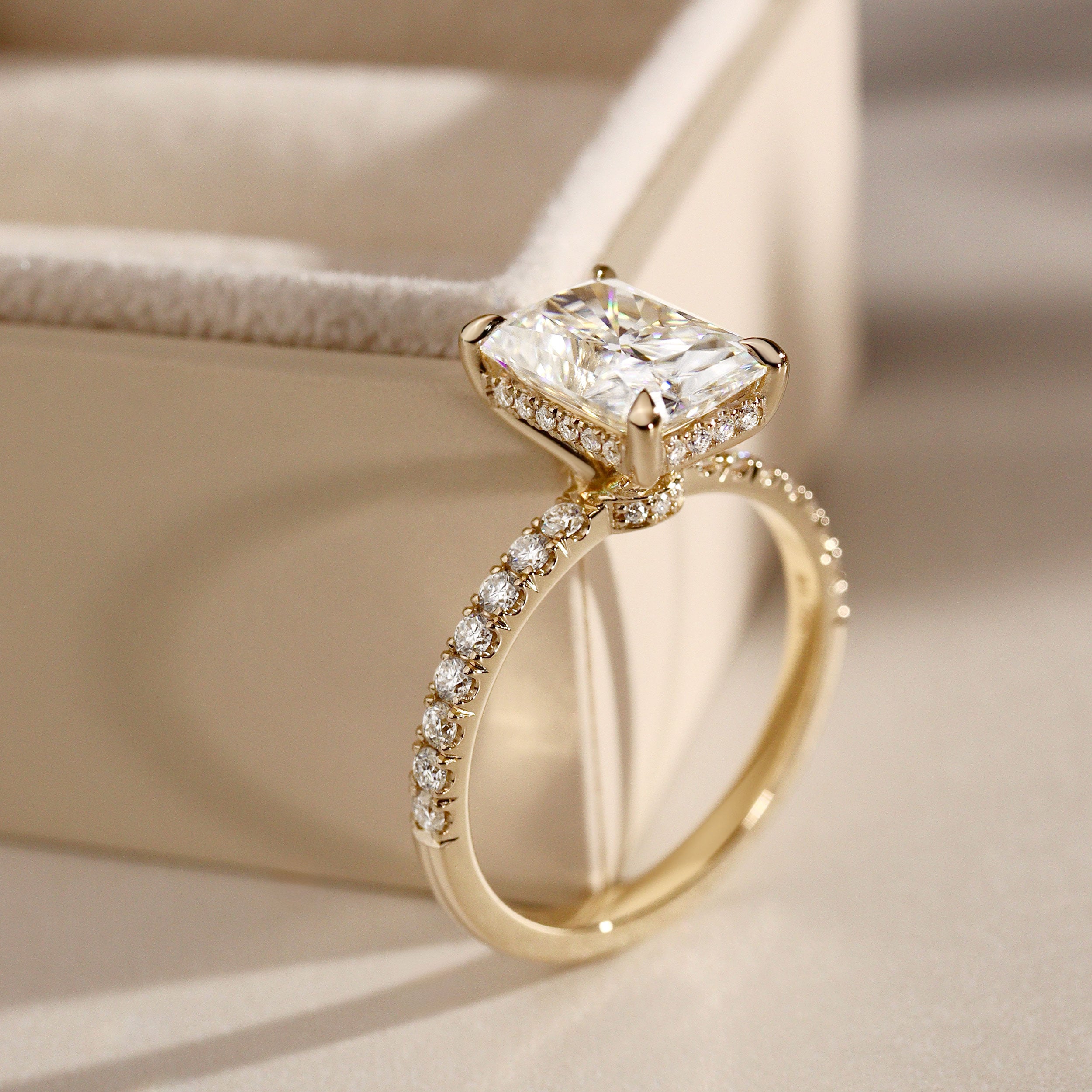 Lily Radiant Double Hidden Halo Engagement Ring, Moissanite/Lab Grown Diamond