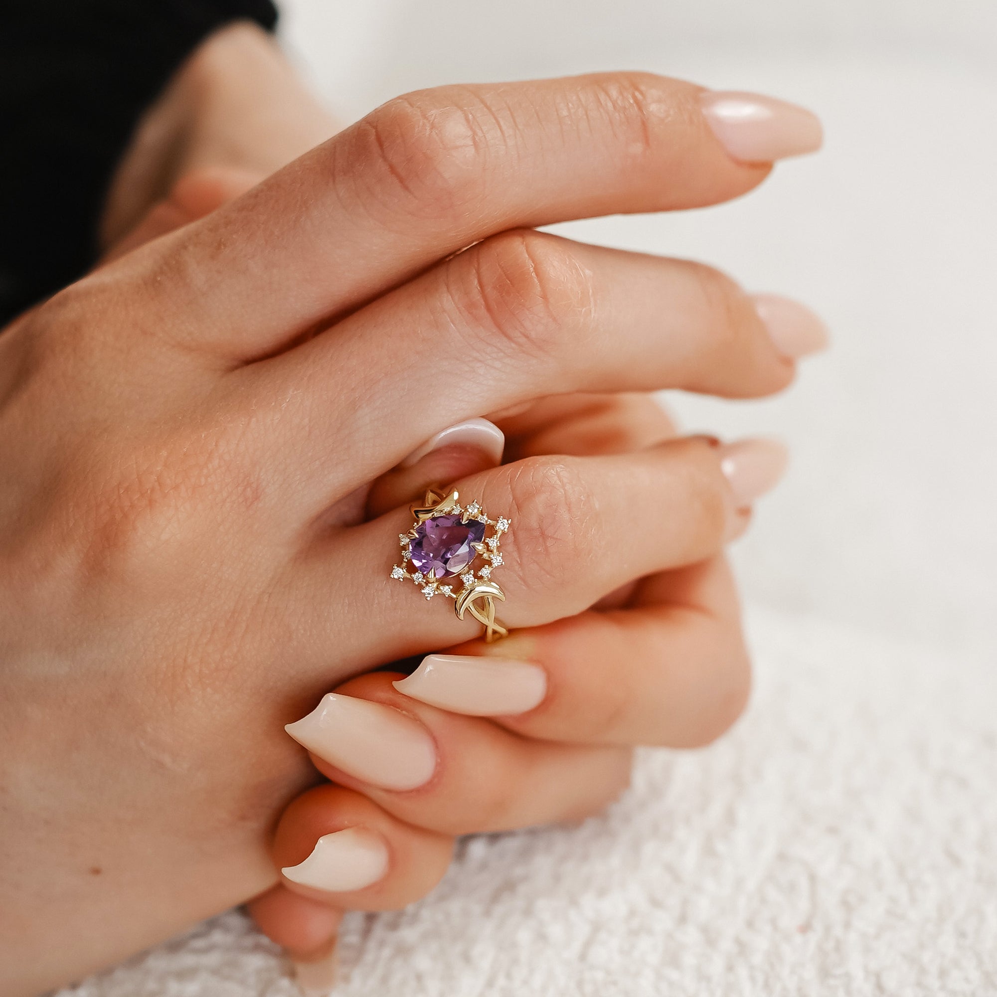 Alice Star & Moon Magic Engagement Ring, Pear Cut Amethyst