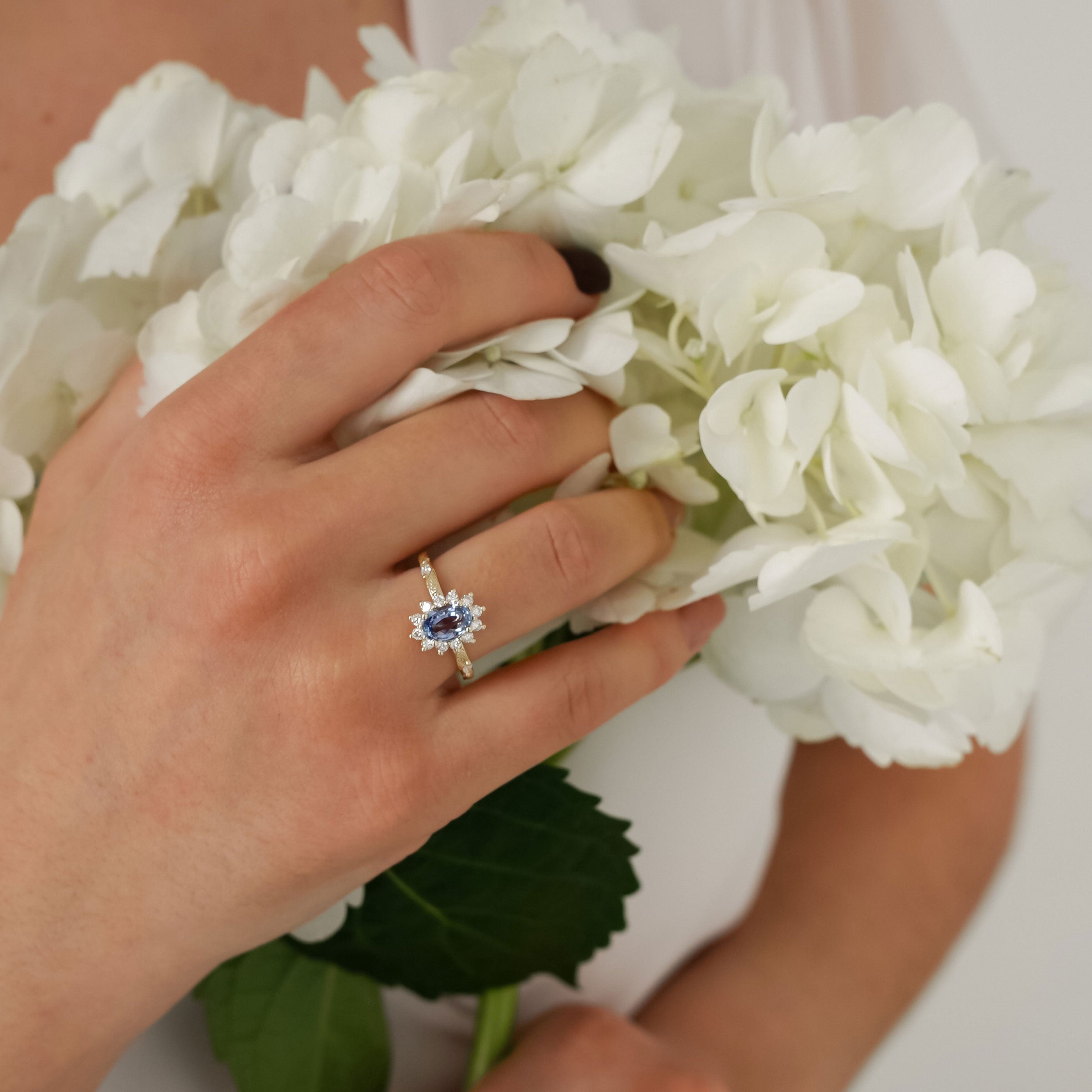 Brooke Oval Blue Sapphire Halo Engagement Ring, Marquise Leaf Band