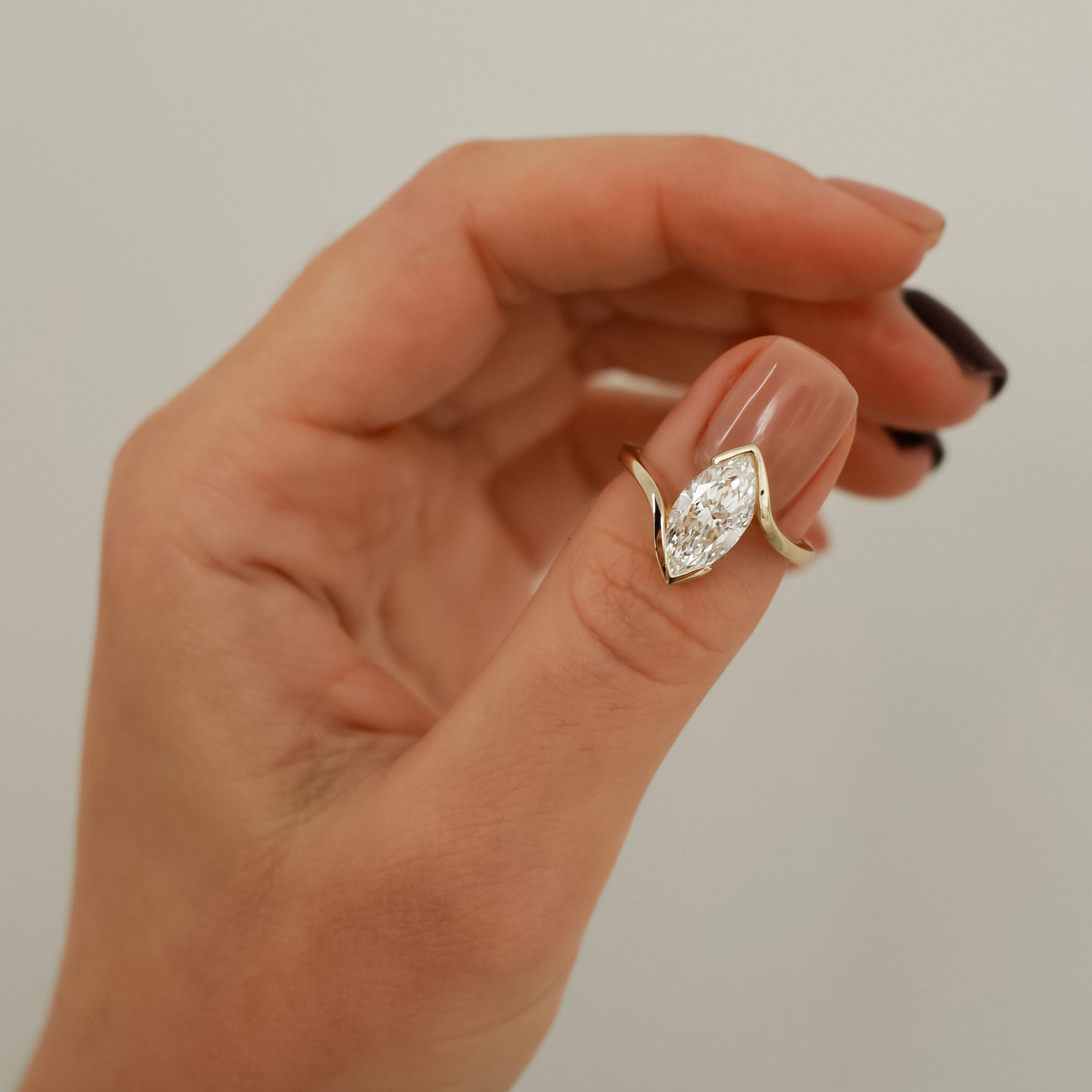 Selene Marquise Cut Half Bezel Bypass Solitaire Engagement Ring, Moissanite/Lab Diamond