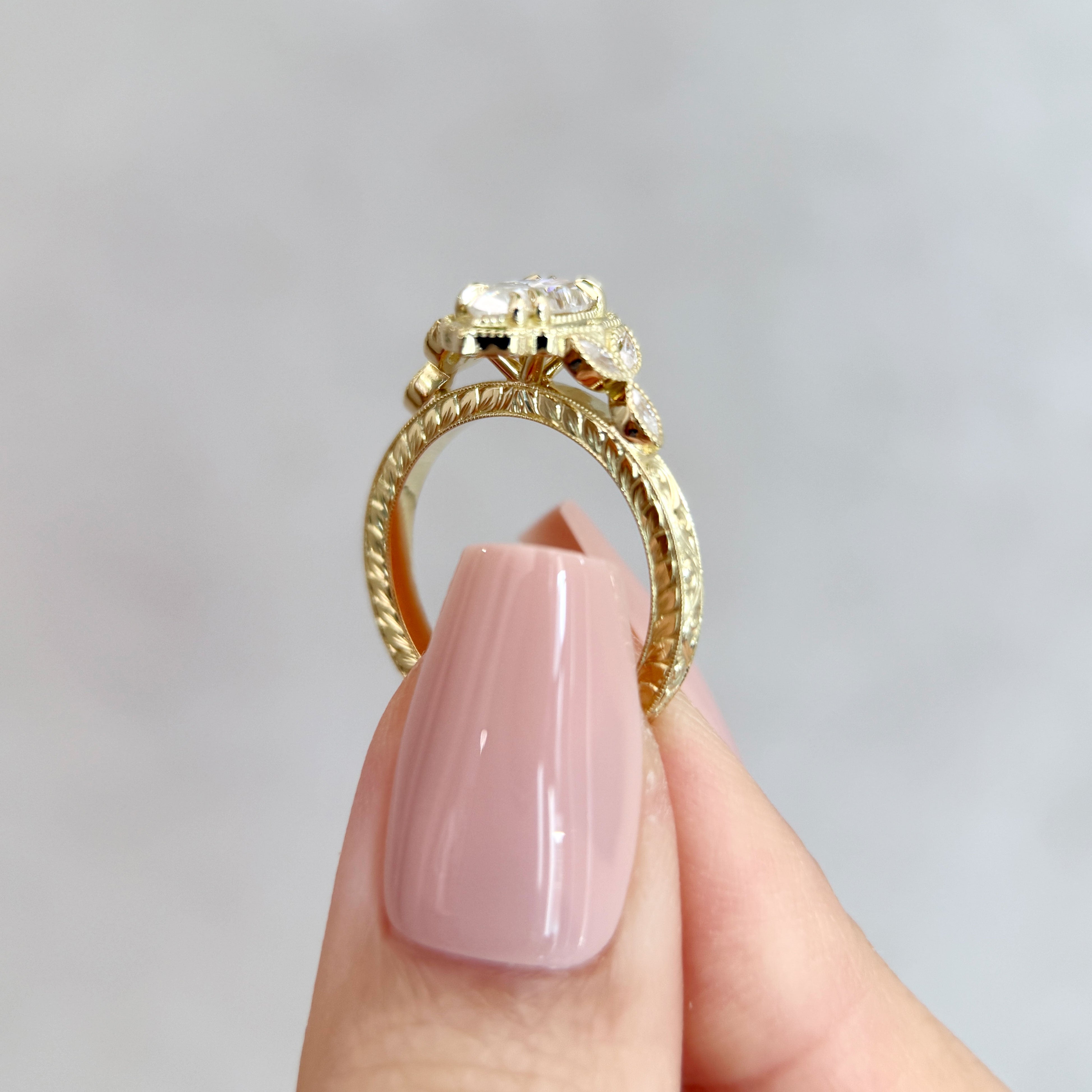 Bespoke #9168 - Custom Vintage Milgrain Marquise Engagement Ring, 3 Side Hand Engraving