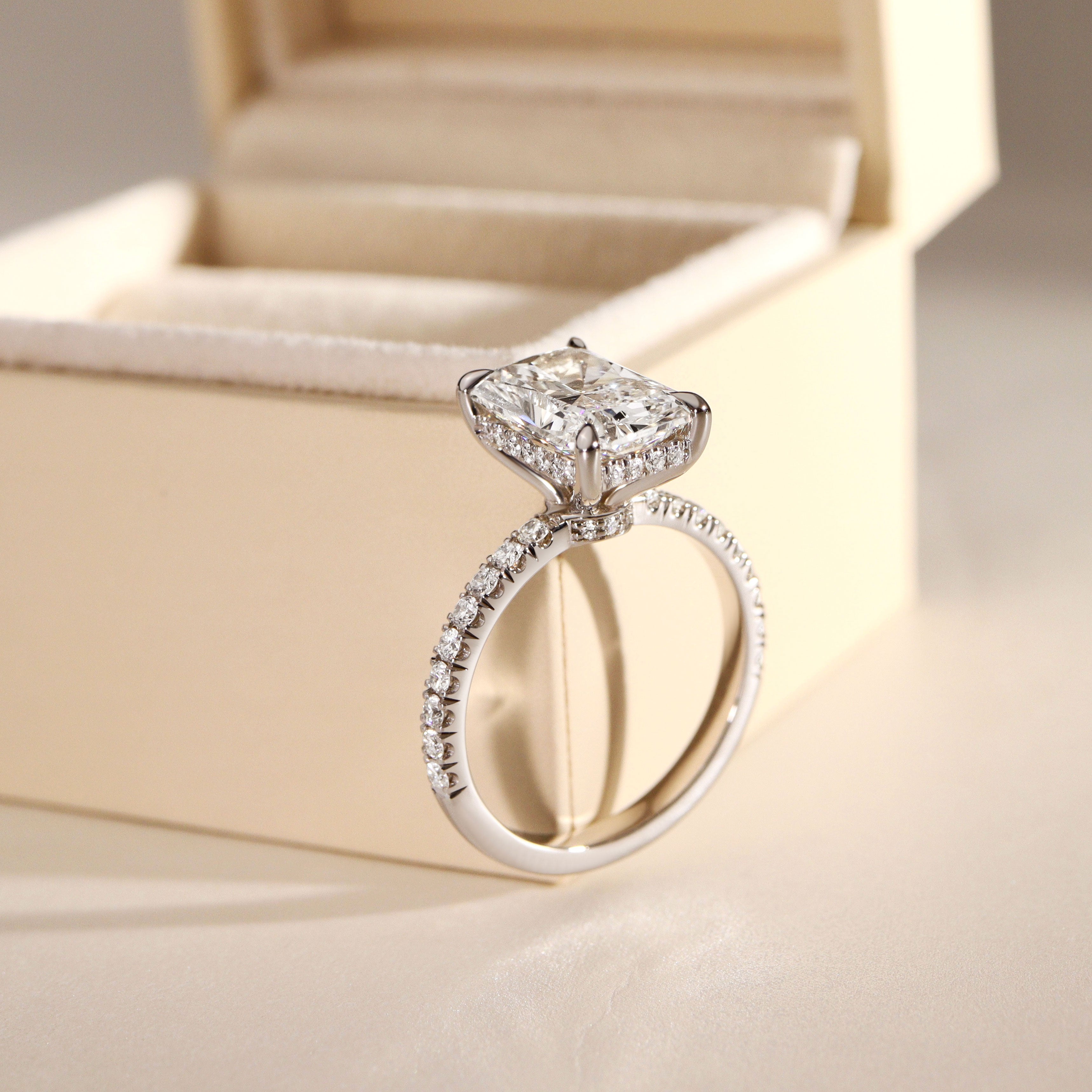 Lily Radiant Double Hidden Halo Engagement Ring, Moissanite/Lab Grown Diamond