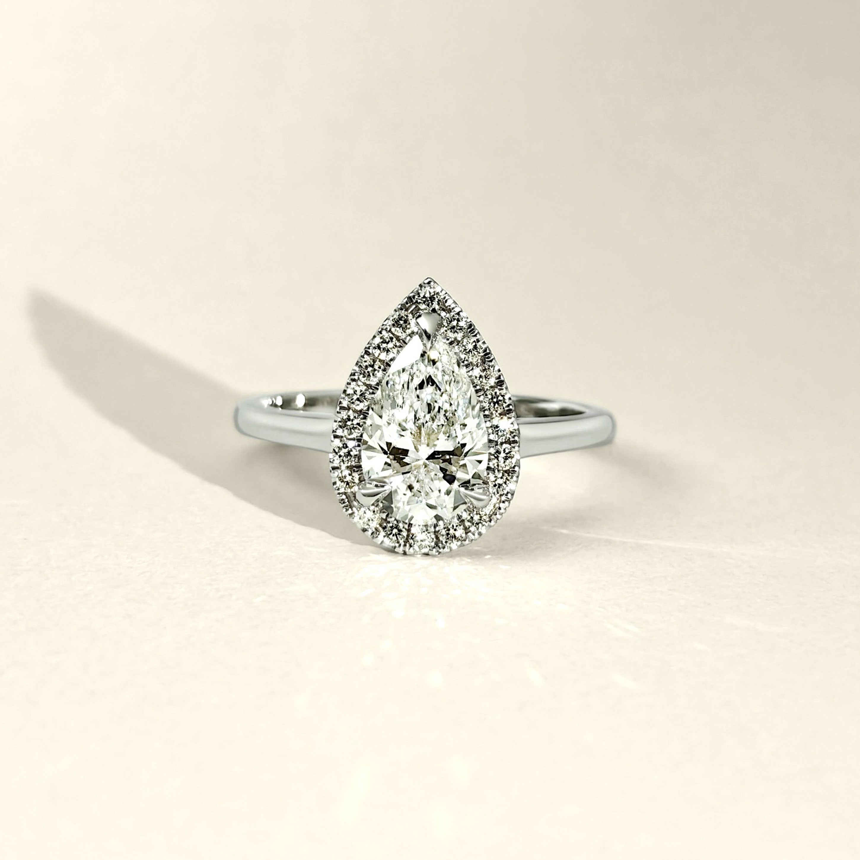 Paula Pear Forever Halo Engagement Ring, Moissanite/Lab Grown Diamond