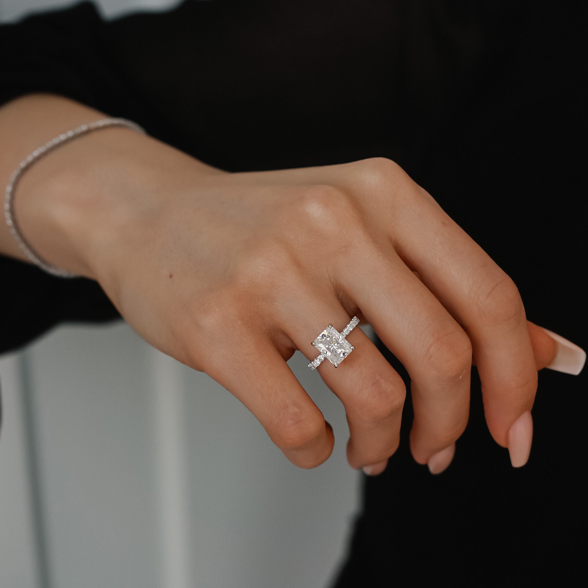 Lily Radiant Double Hidden Halo Engagement Ring, Moissanite/Lab Grown Diamond