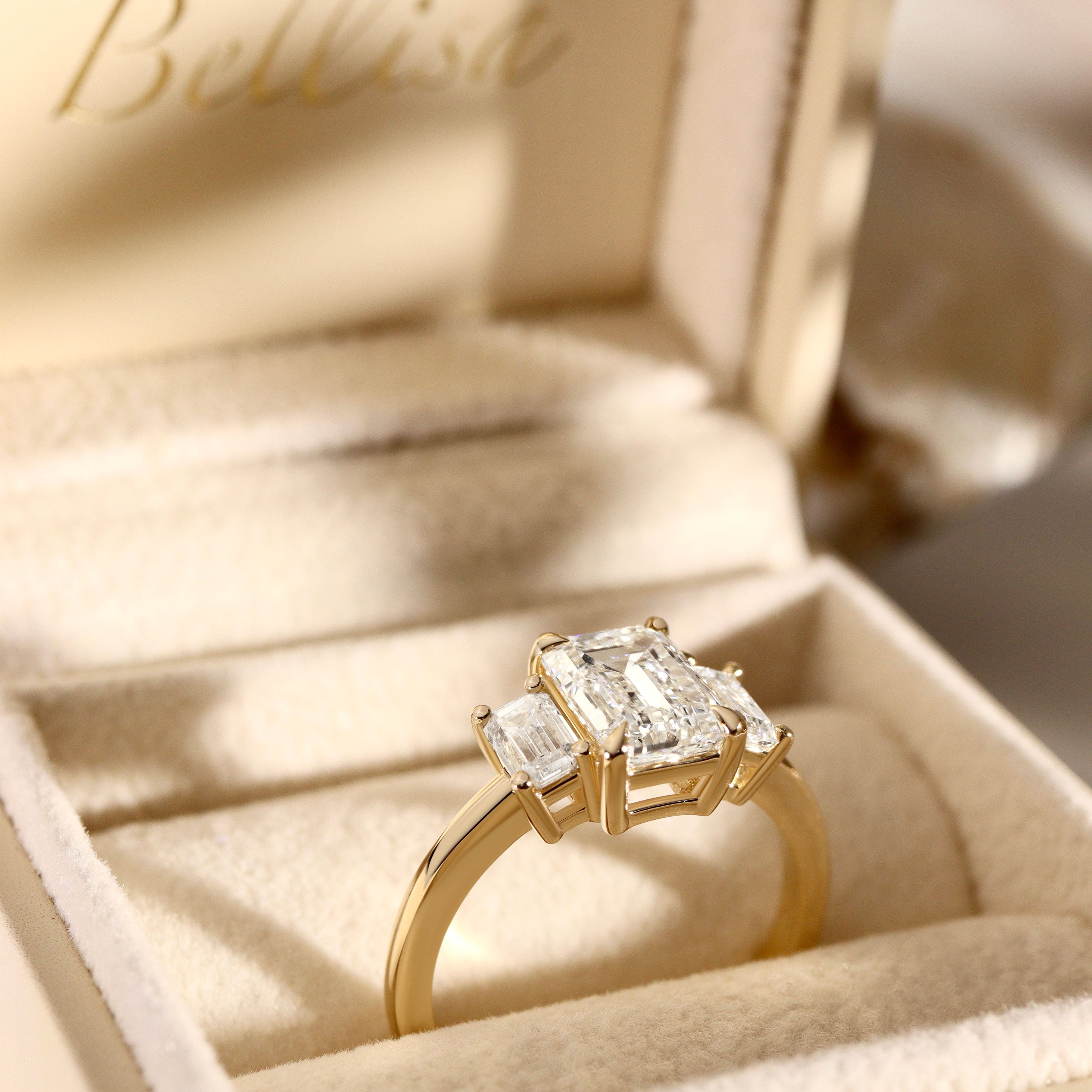 Evelyn Emerald Cut Three Stone Engagement Ring, Low Set