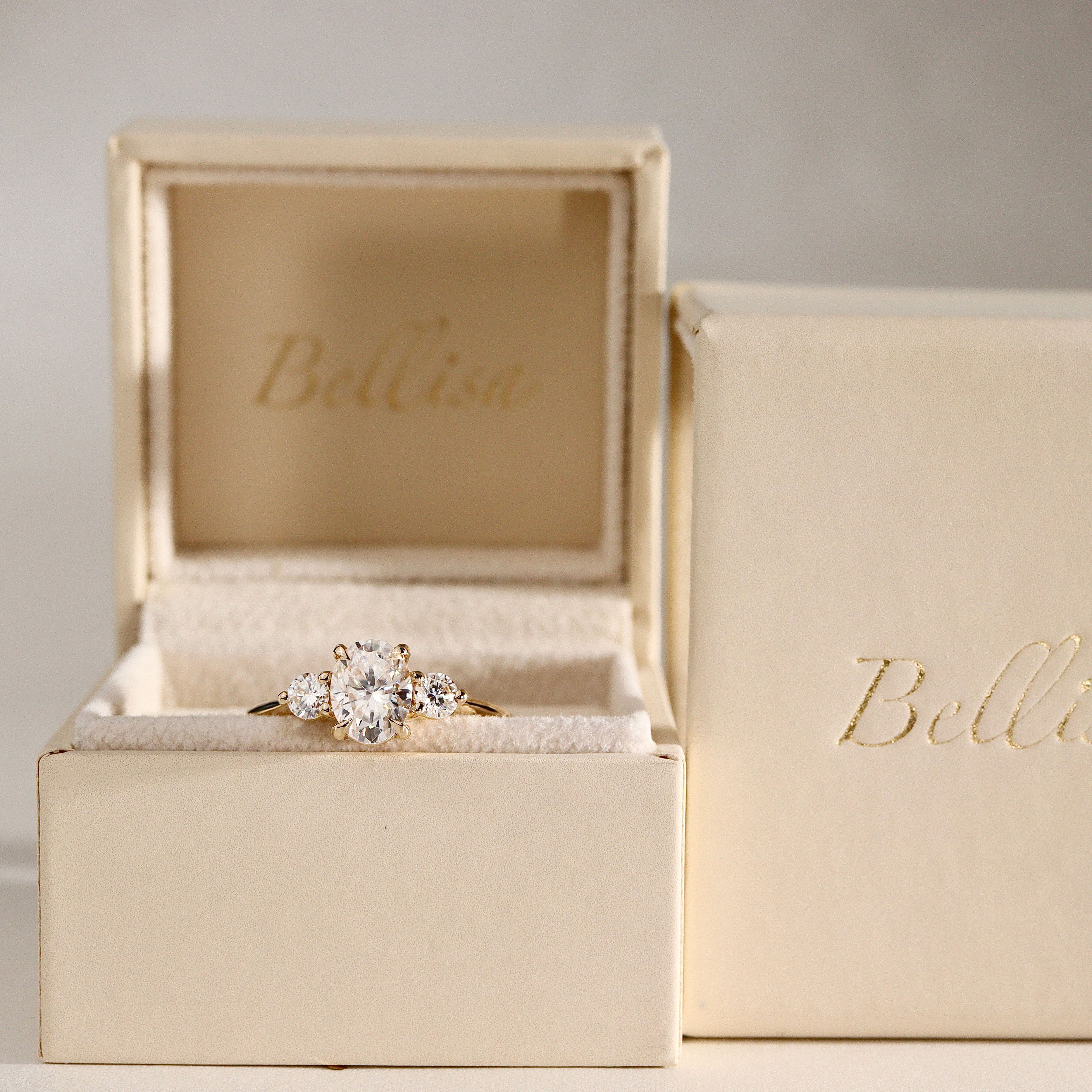 Olivia Three Stone Engagement Ring, Oval with Round Brilliant